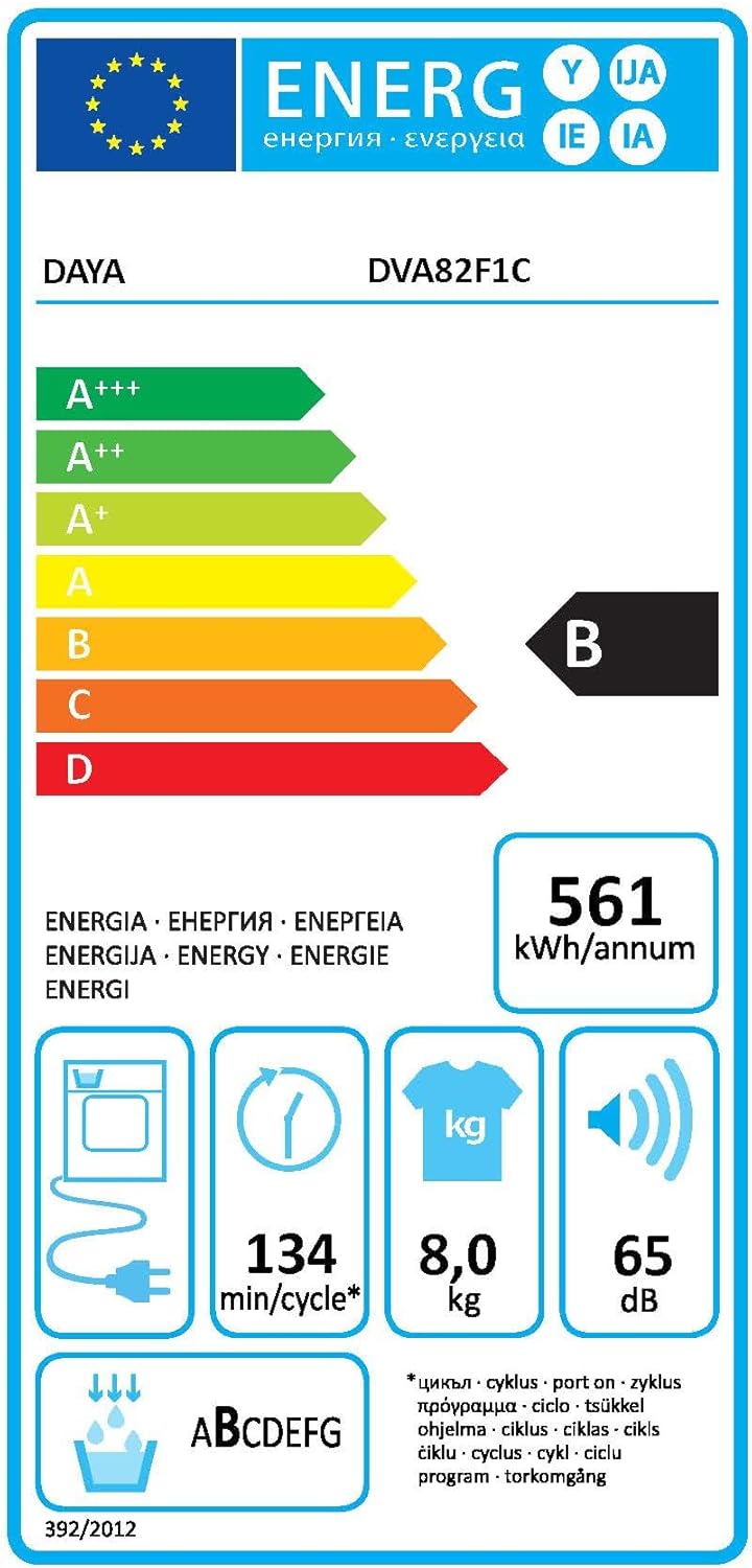 Daya asciugatrice a condensazione DVA82F1C, 8 kg, classe B, 15 programmi, partenza ritardata, funzione antipiega, sensore di umidità interno [Classe di efficienza energetica B]
