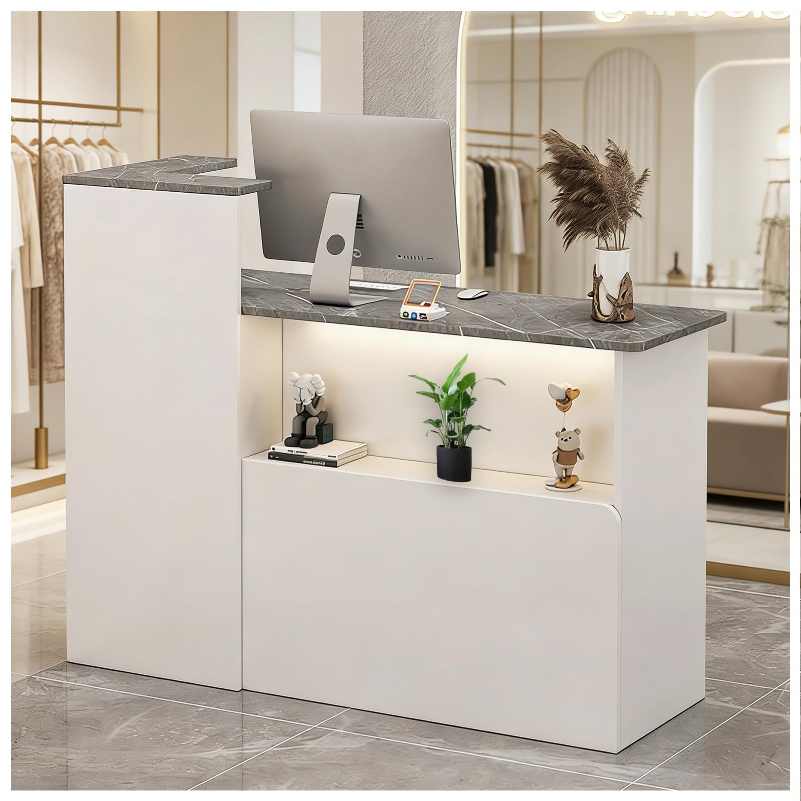 Reception Desk with Counter Checkout Counter with LED Light Open Front Storage Lockable Drawer Front Desk Reception Counters for Office Lobby Nail Salon Spa,Gray Right,100x42x100cm
