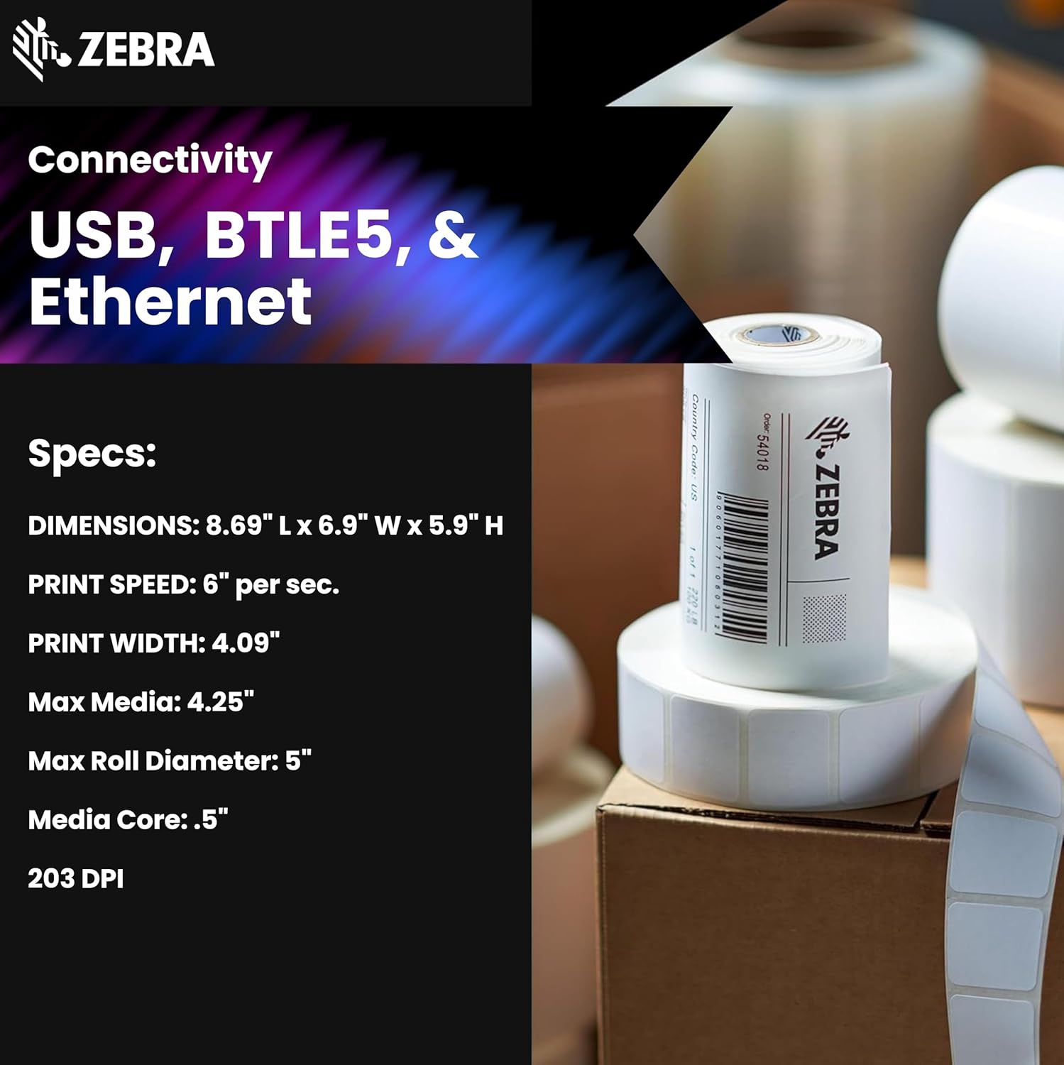ZEBRA ZD621 Thermal Shipping Label Printer 4"| 203 DPI | No Ink Required | 4x6 | USB, Serial, Ethernet, Tap to Print NFC | Color LCD | 2 Year Warranty | UPS/USPS/FedEx | Direct Thermal - Image 4