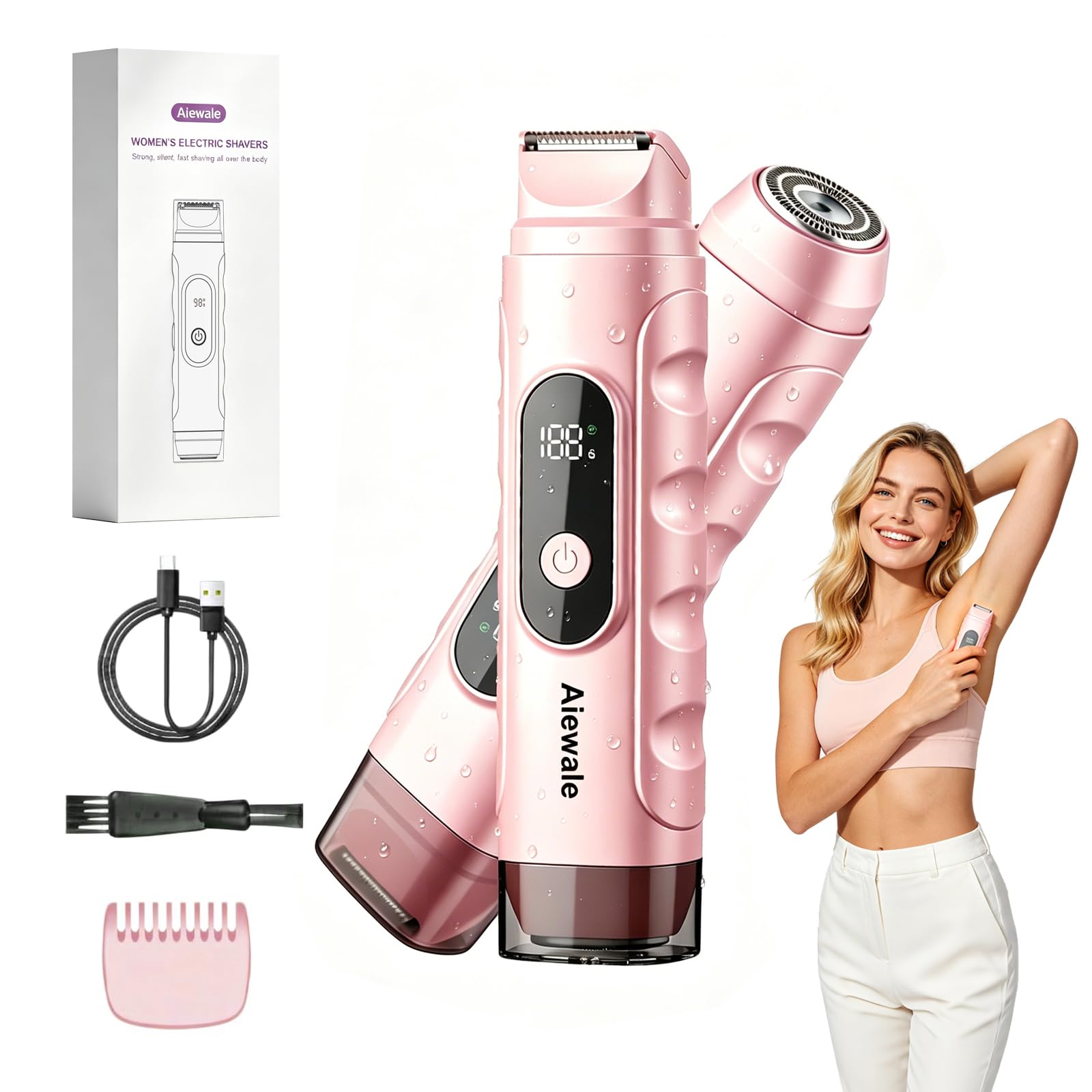 Rasoio elettrico da donna 2 in 1 a doppia testa, impermeabile e indolore, per peli pubici, viso, gambe, ascelle – Rasoio portatile senza fili con ricarica rapida, regalo per la cura di sé per le donne