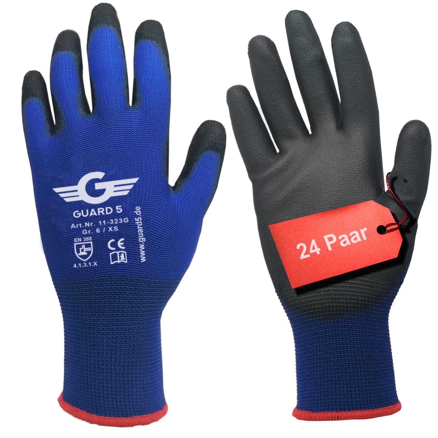 GUARD 5 - Arbeitshandschuhe - 24 Paar/Gr.6 - Damen & Herren Gartenhandschuhe - blaue Nylon-Handschuhe mit PU-Beschichtung für Bauarbeiten, Gärtner, Mechaniker, Lagerarbeit und Heimwerkerprojekte bei Günstiger Preis