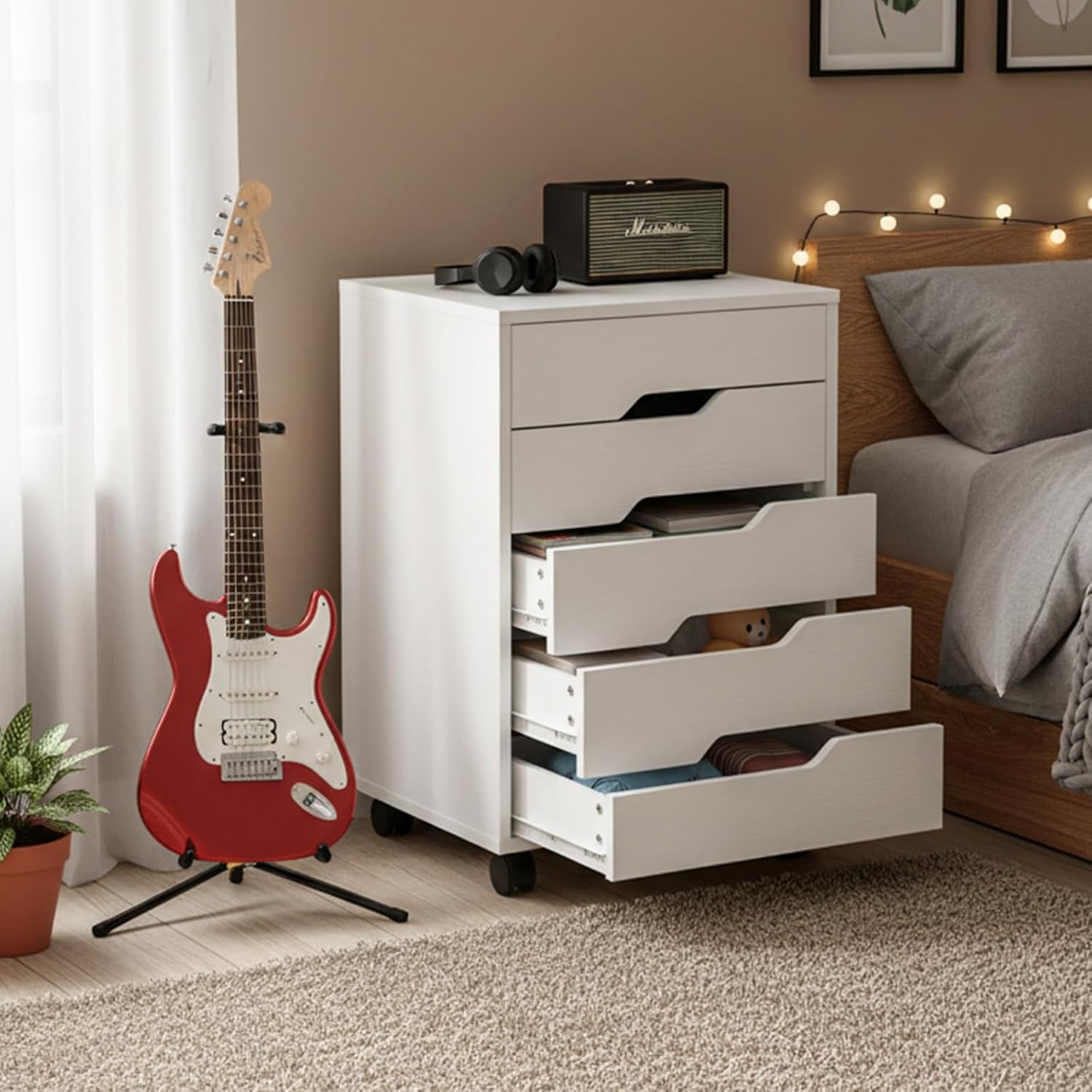 VINGLI 5 Drawers Rolling File Cabinet with Wheels, Under Desk Storage Organization, Vertical Filing Chest Mobile Wood Small Desk Printer Stand for Home Office, 19" W × 15.8" D × 25.6" H, White