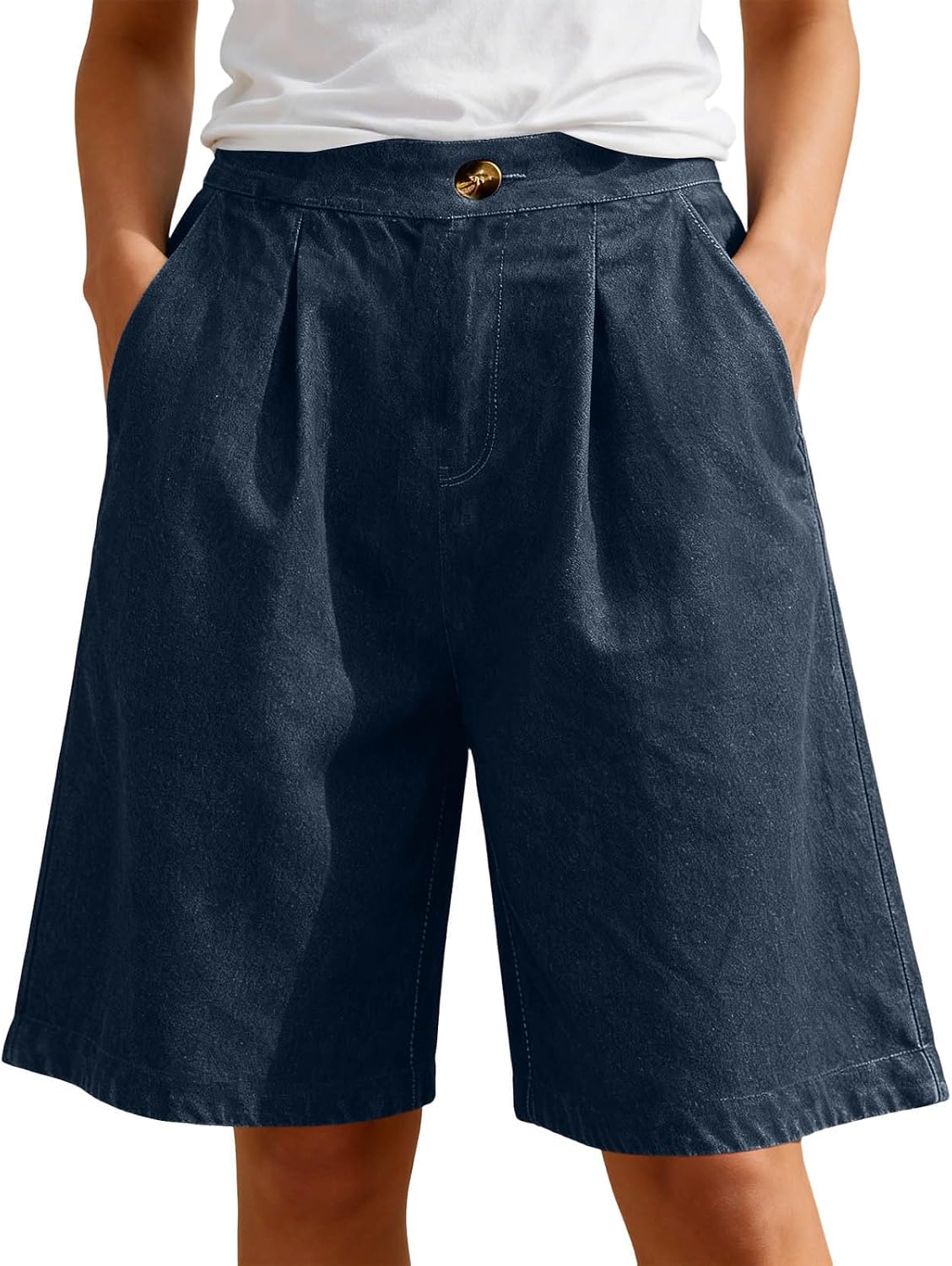 Bermuda Shorts for Women High Waisted Button Long Stretch Denim Shorts Casual Relaxed Fit Summer Short with Pocket