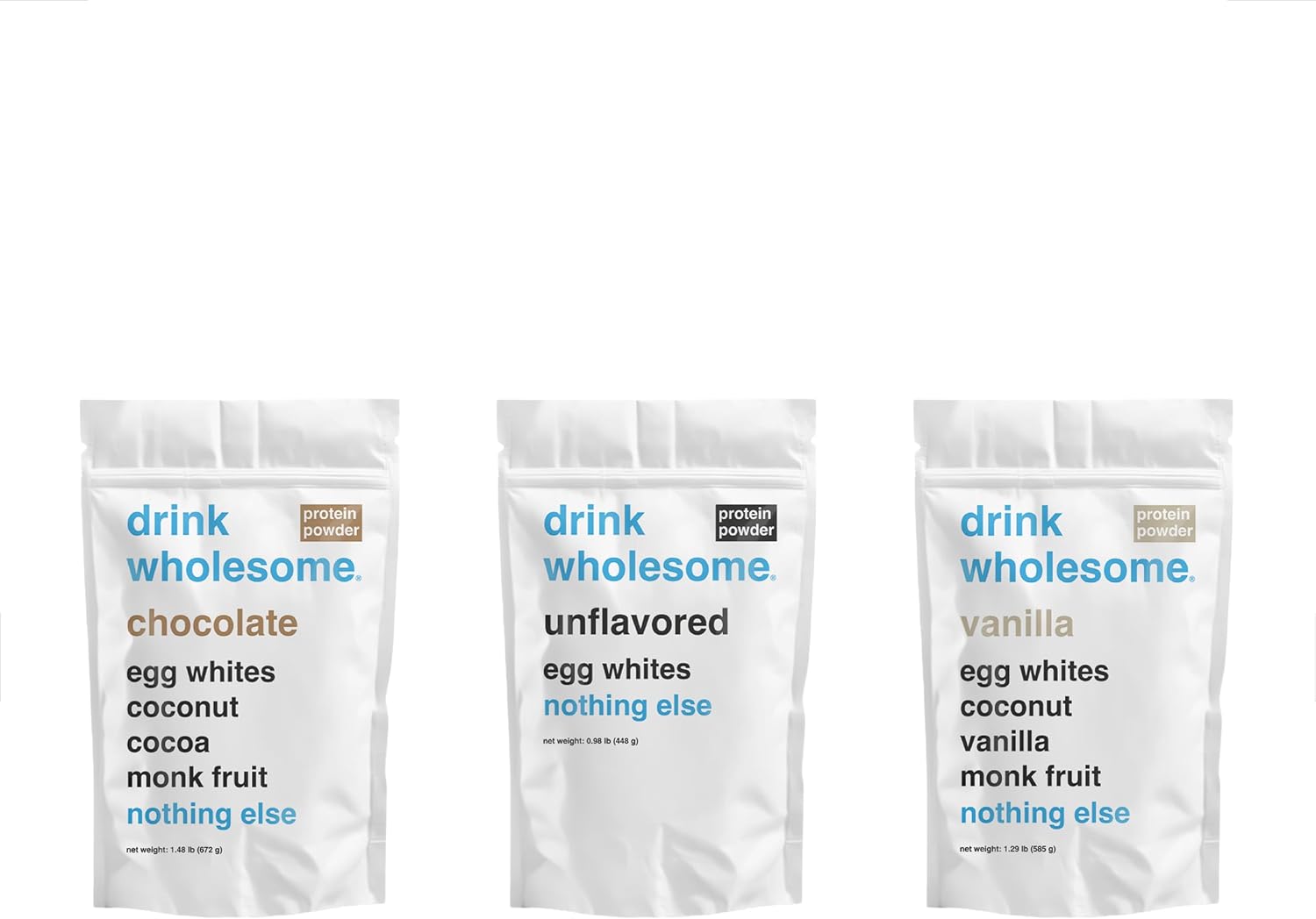 drink wholesome Chocolate, Unflavored, and Vanilla Egg White Protein Powder Bundle