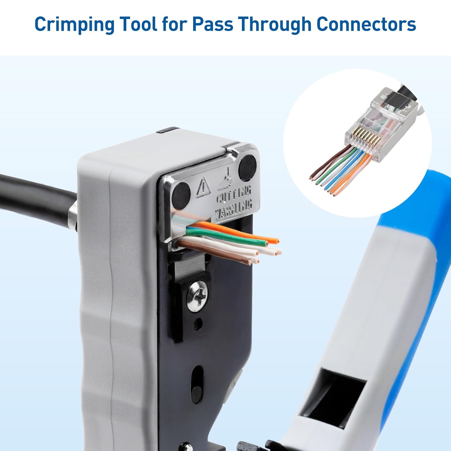 Cable Matters 50-Pack Cat6A RJ45 Shielded Modular Plugs with Strain Relief Boots & 1-Pack All-in-One Modular Ethernet Crimping Tool (Cat5 Cat6 Cat7 Cat8) for Shielded Pass-Through Connectors