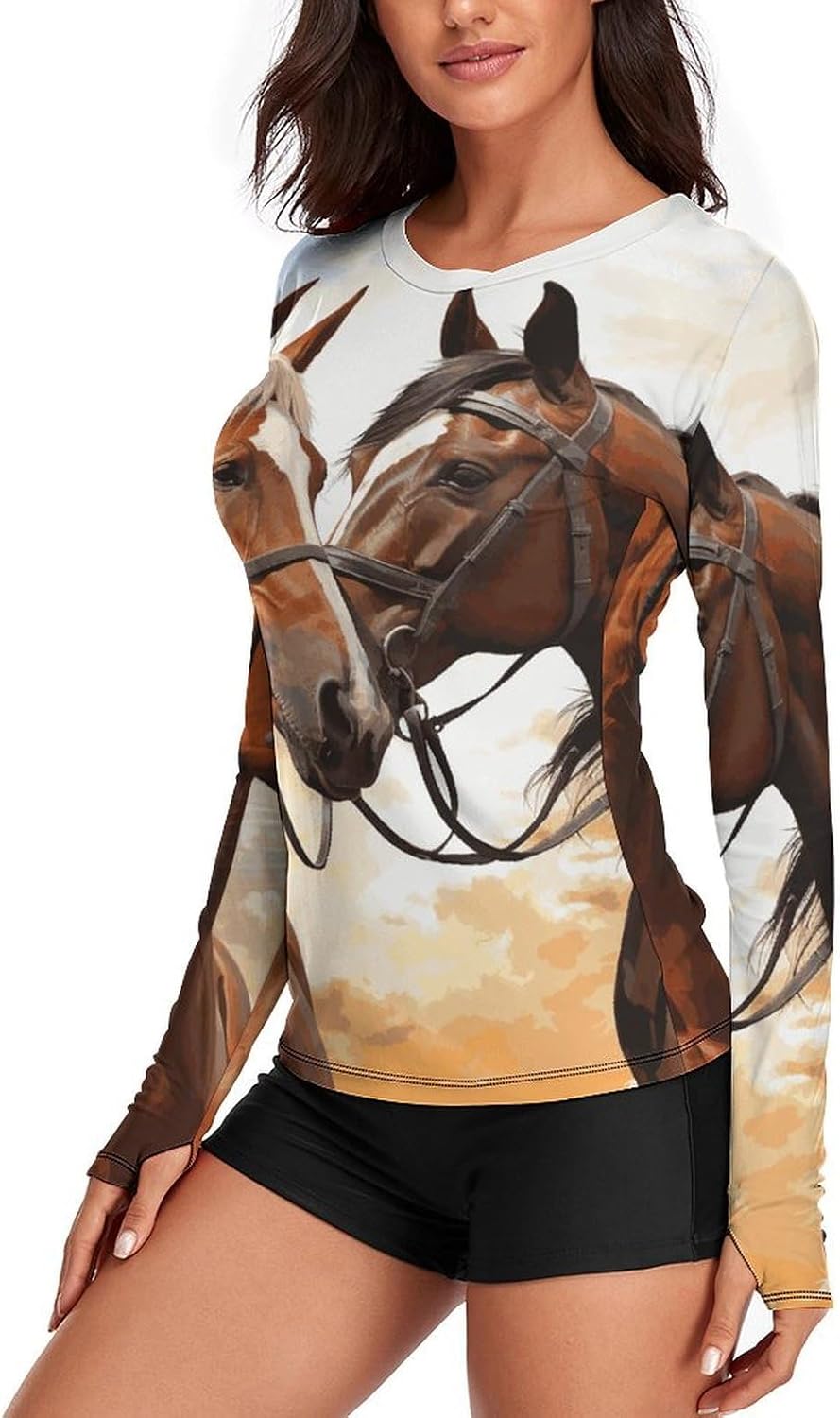 UPF 50+ Womens Sun Protection Shirts UV SPF T-Shirts Couple Horse Long Sleeve Rash Guard Athletic Tops-