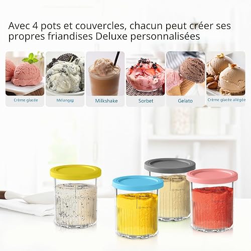 vione Remplacement des pintes et couvercles Ninja Creami Deluxe - 4 packs, 24 oz. Compatible avec les séries NC501, NC500 - Sans BPA, Lavable au lave-vaisselle, Couleurs assorties - 6