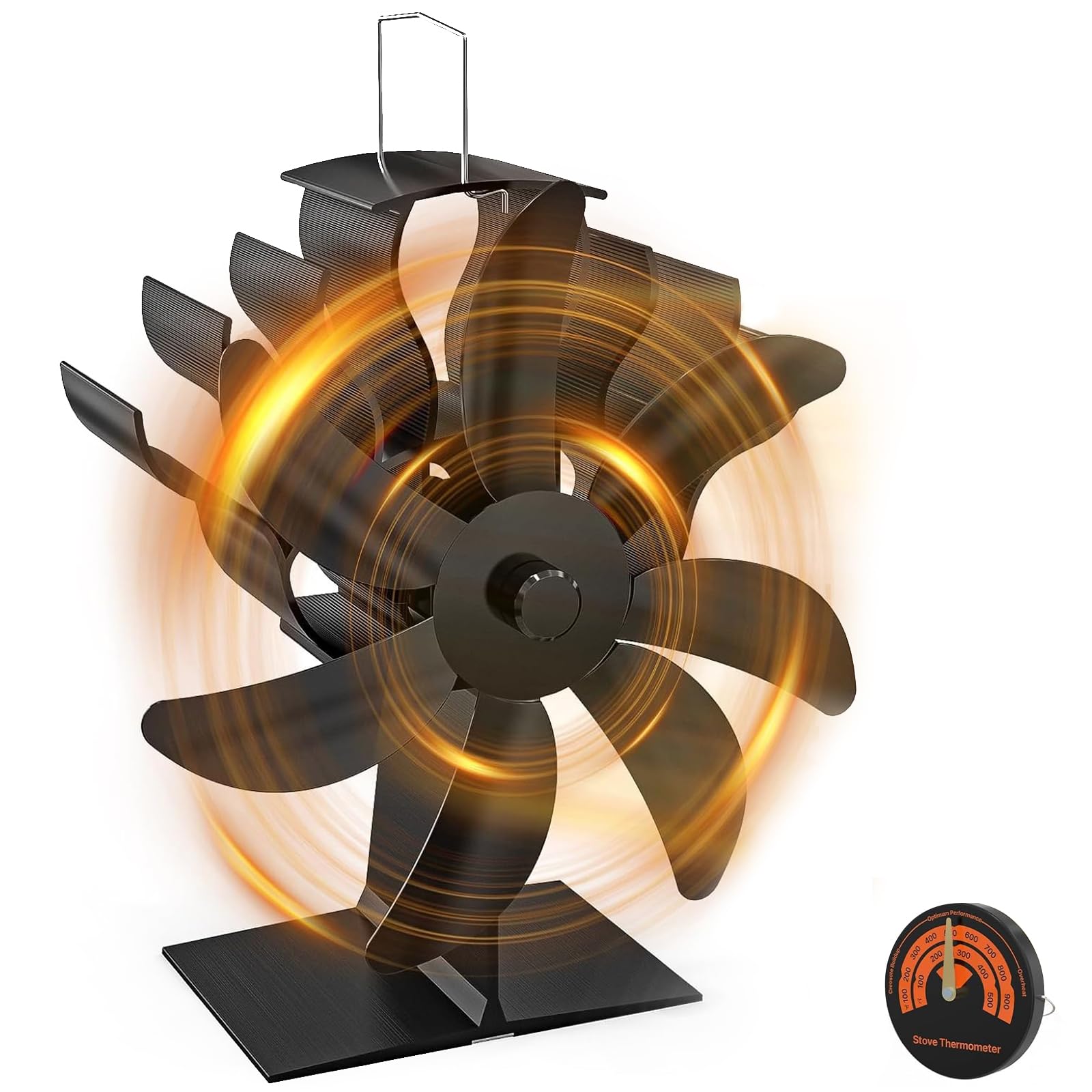 VEEAPE Ventilador para estufa, quemador de leña, 7 aspas, silencioso, con termómetro, accesorios para quemador de leña para chimenea