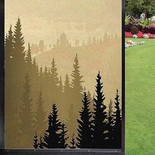 Película de vidrio esmerilado de pino para ventana, bosque de coníferas silvestres en la mañana, siluetas de árbol de niebla para decoración de