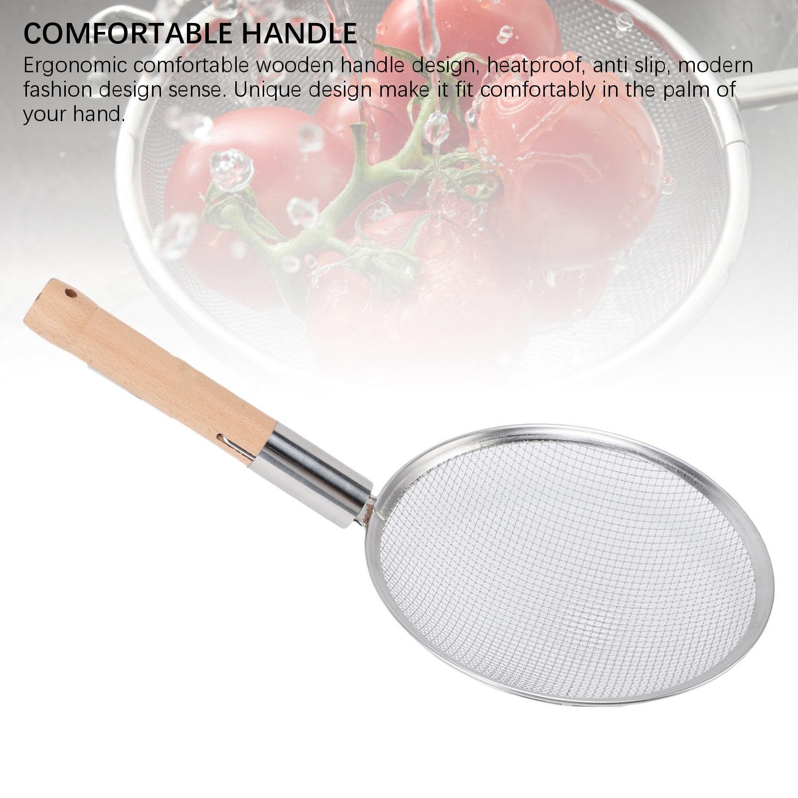 Schaumlöffel, Spinnensieb aus Edelstahl 201, Feinmaschiges Sieb mit Ergonomischem Holzgriff für Fett, Soße und Schaum, Kochen in der Küche, Restaurants und den Heimgebrauch (26CM)