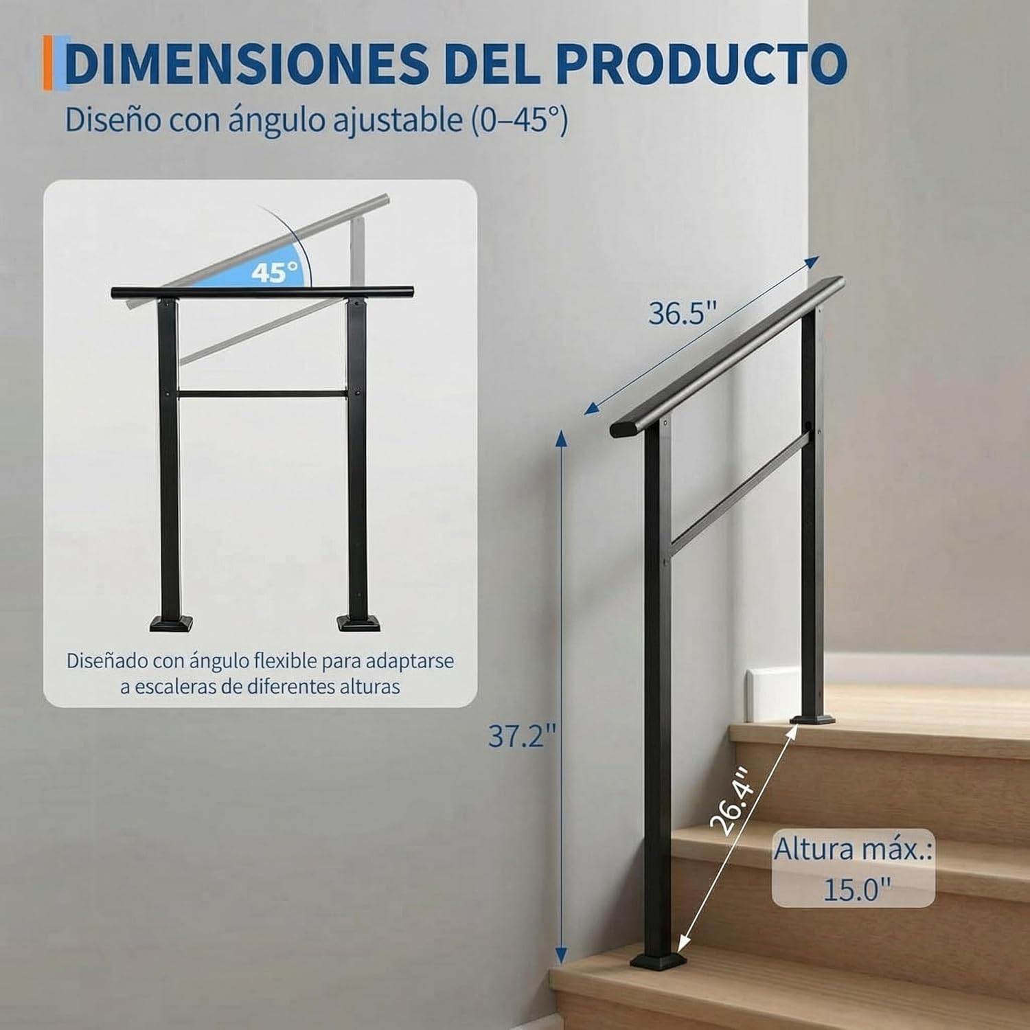 Garvee Outdoor Handrail for Steps, 3 Step Stair Handrail & Indoor Stair Railing Kit, Black Aluminum Railing with Iron Poles for Outdoor Indoor Steps & Porch, Includes Gloves (1 Pack)