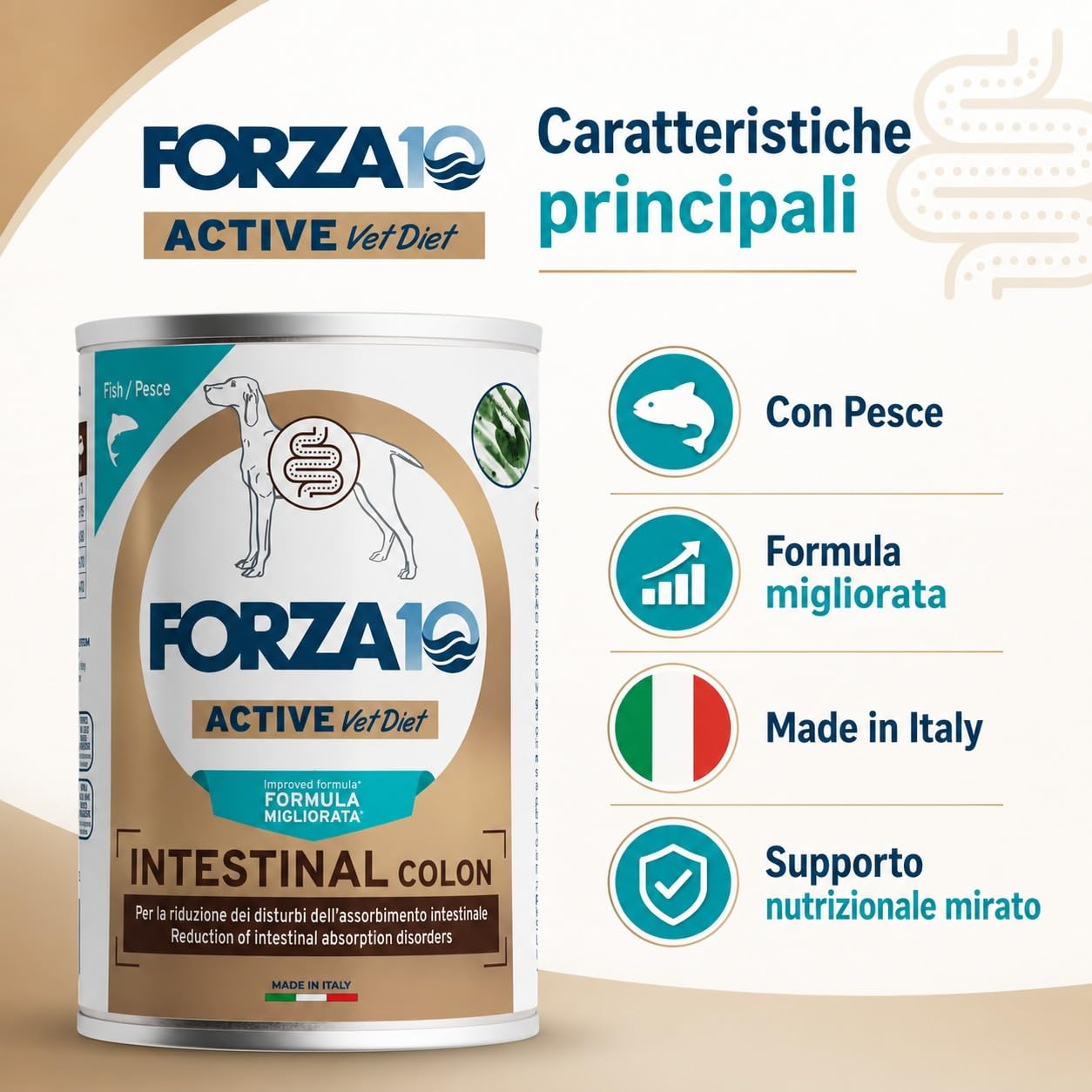 Intestinal Colon Pesce – Forza10 Diet Cibo Umido per Cani Adulti di tutte le Taglie e Razze, Monoproteico, per la riduzione dei disturbi intestinali, 6 Lattine x 400g, Alimento Completo.