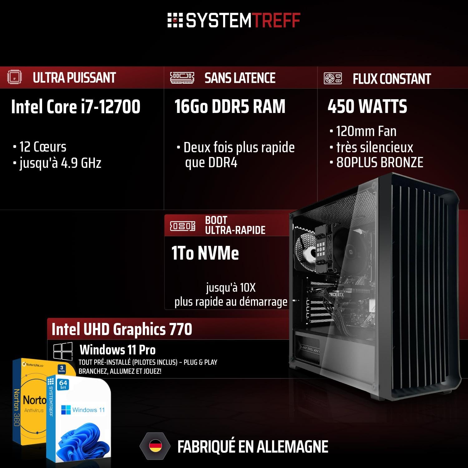 SYSTEMTREFF PC de Bureau - Intel Core i7-12700 - 16Go RAM - 1To M.2 SSD