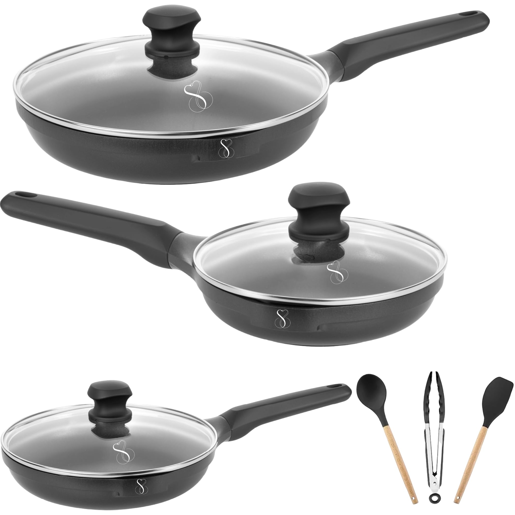 Stone&Stone Set 3 padelle 20cm 24cm 28cm estremamente antiaderente induzione gas | alluminio e acciaio padella professionale batteria | rivestimento tedesco + 3 coperchi 3 utensili priva di PFAS