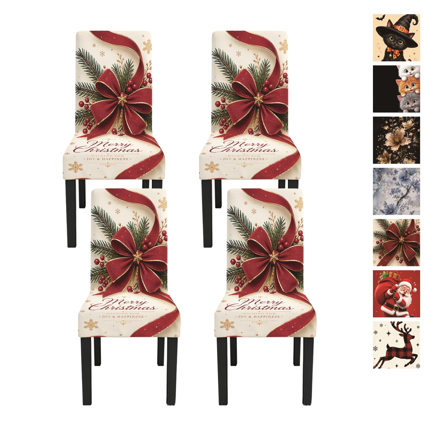 Burgundy Bow Christmas Dining Chair Covers Set of 4, Stretch