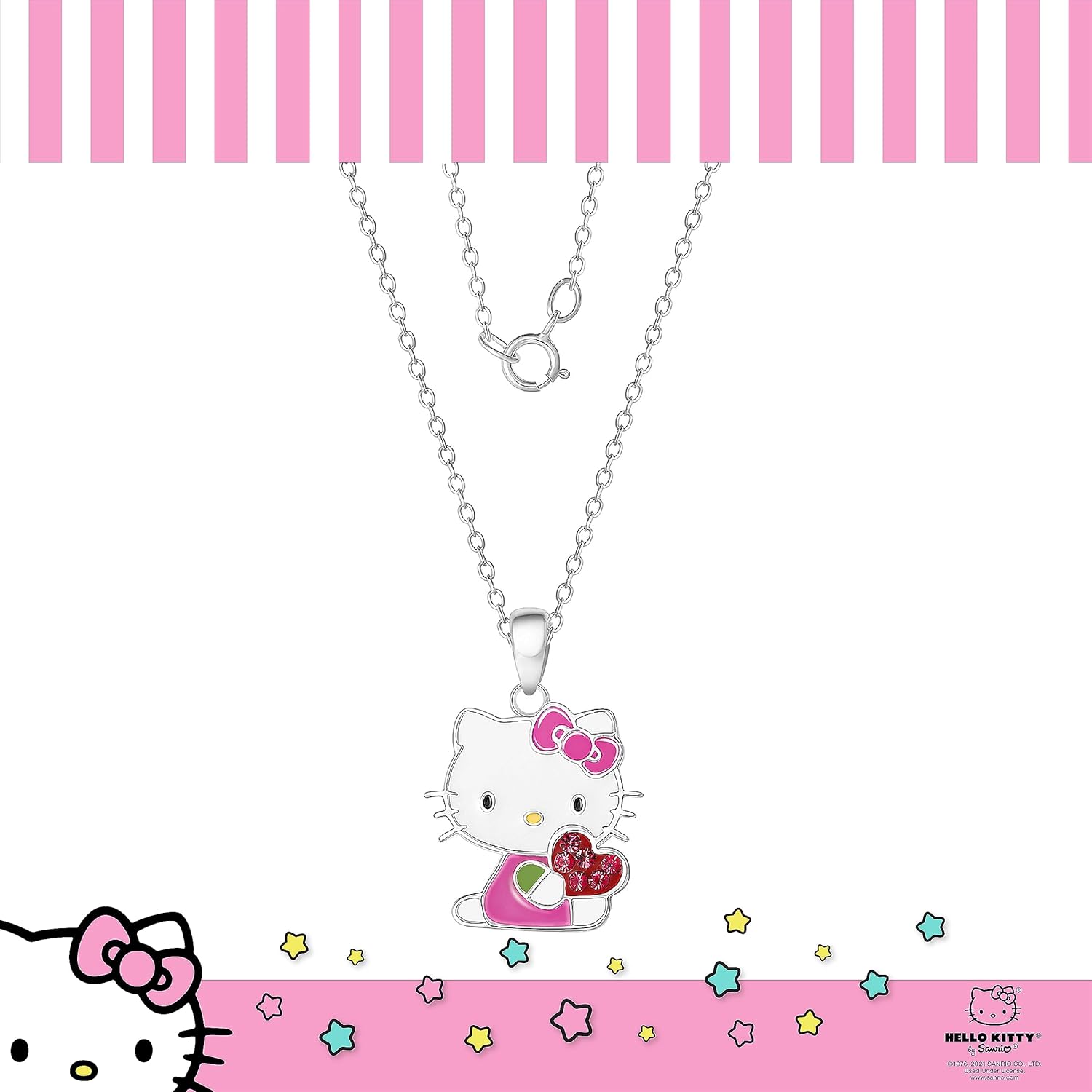 Hello Kitty Sanrio Necklace Official License - Silver Plated Necklace with Enamel and Red Crystal Pendant