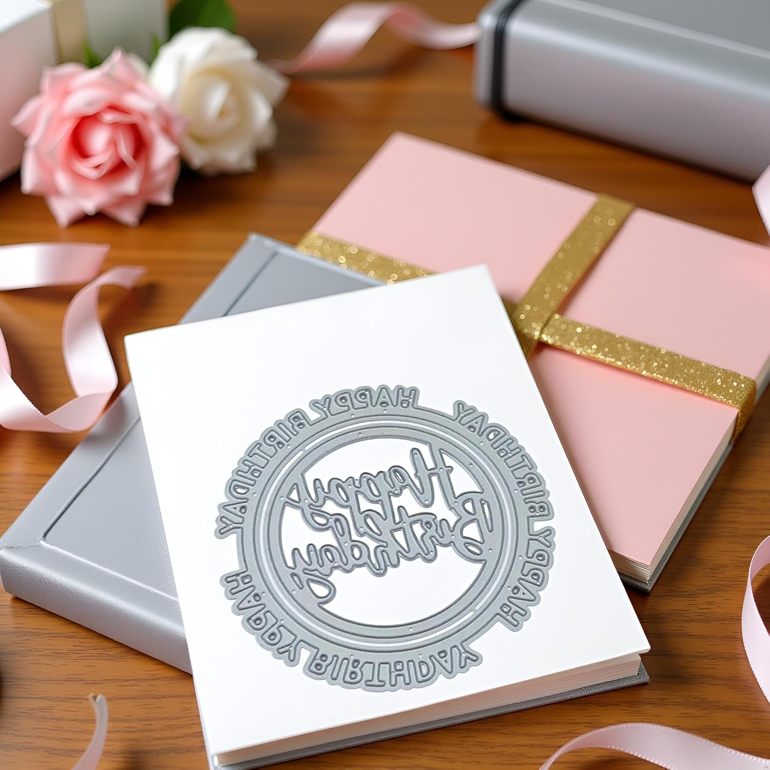 Silver Happy Birthday Metal Cutting Dies for Card Making Embossing Stencil Template Mould DIY Scrapbooking Album Paper Card Mold Die-Cuts Die-Cutting and Embossing