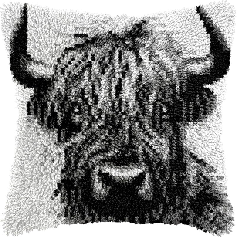 Black Highland Cow Latch Hook Kits Pillow for Adults Throw Pillow Pre-Printed Patterns Pillowcase Needlework Crochet Yarns Latch Hooking Cushion for Sofa Decor 17x17inch(y153)