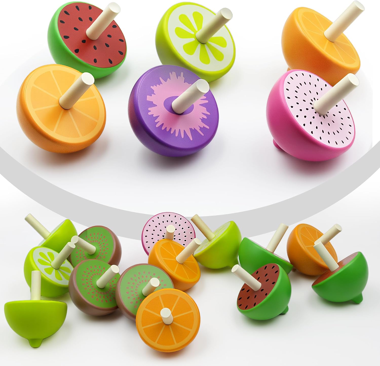 48 Pcs Fruit Spinning Tops Fun Wooden Spin Tops for Kids Toddlers Gyroscope Wood Spinner Educational Toys Class Prizes