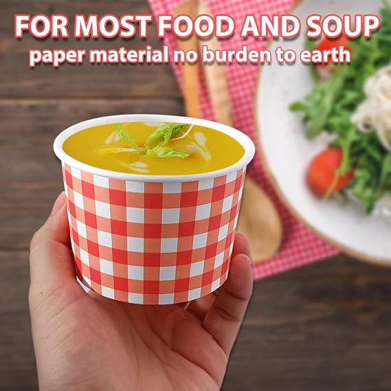 50 Pcs Red and White Gingham Ice Cream Cups ThanksGiving Day Treat Bowls Buffalo Plaid Paper Cups Christmas Food Containers Snack Bowl For Hot Cold Soup Yogurt