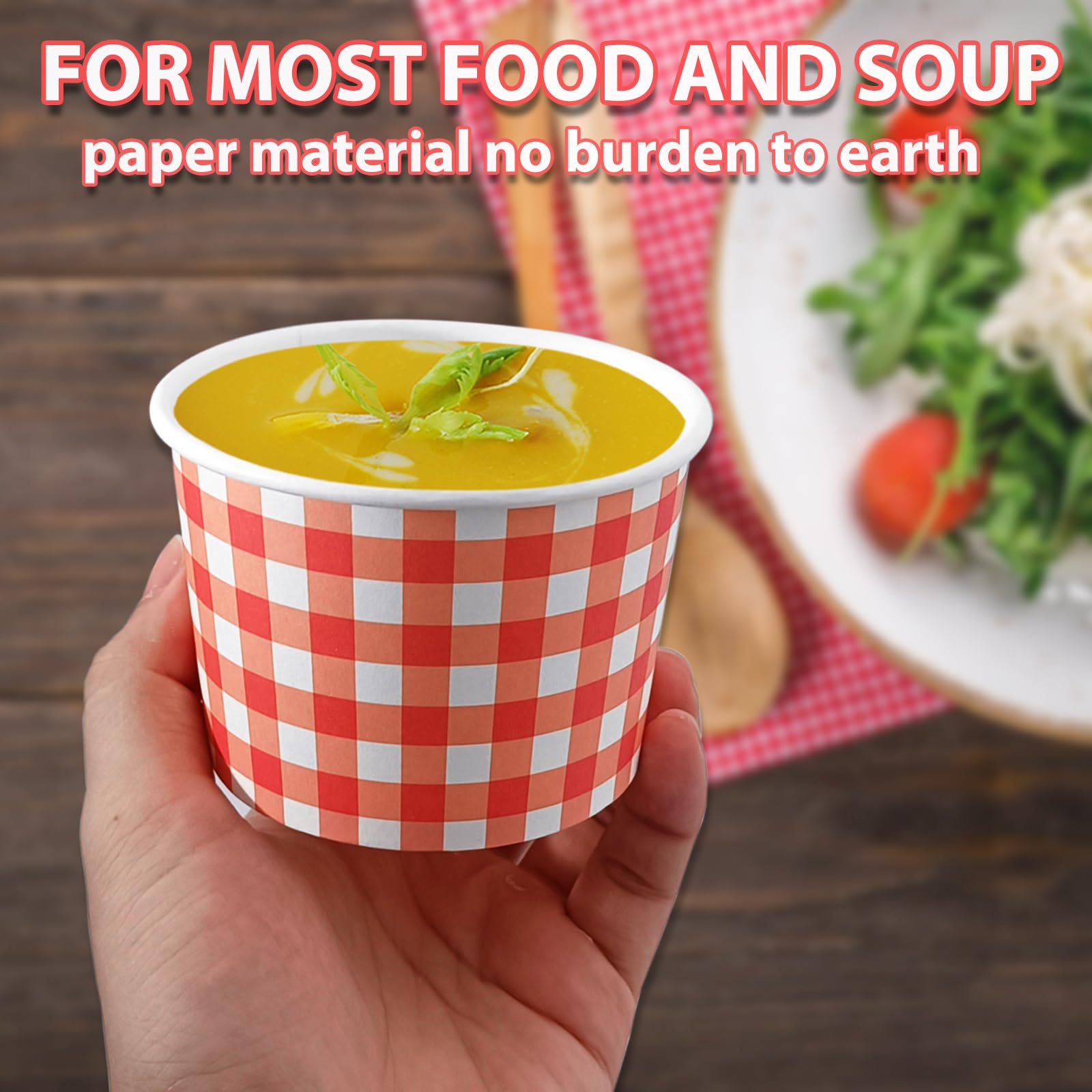 50 Pcs Gingham Ice Cream Cups ThanksGiving Day Treat Bowl Buffalo Plaid Paper Cups Christmas Food Containers Halloween Snack Bowl For Hot Cold Soup Yogurt (Red White)