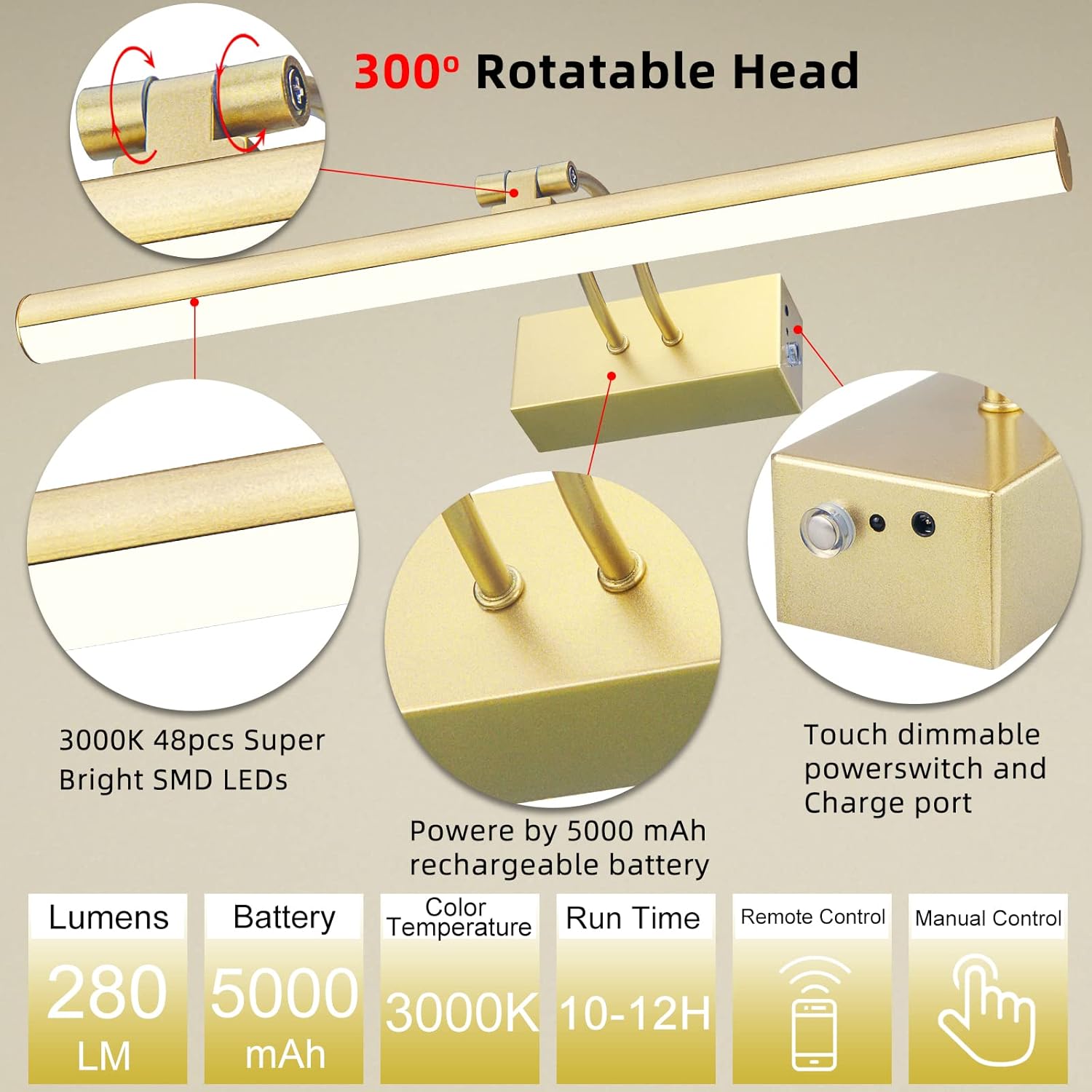 Picture Light, Rechargeable Art Lights for Paintings,Remote Control Display Accent Lighting with Timer and Dimmable for Mirror,Frame,Portrait,Dart Board-Gold