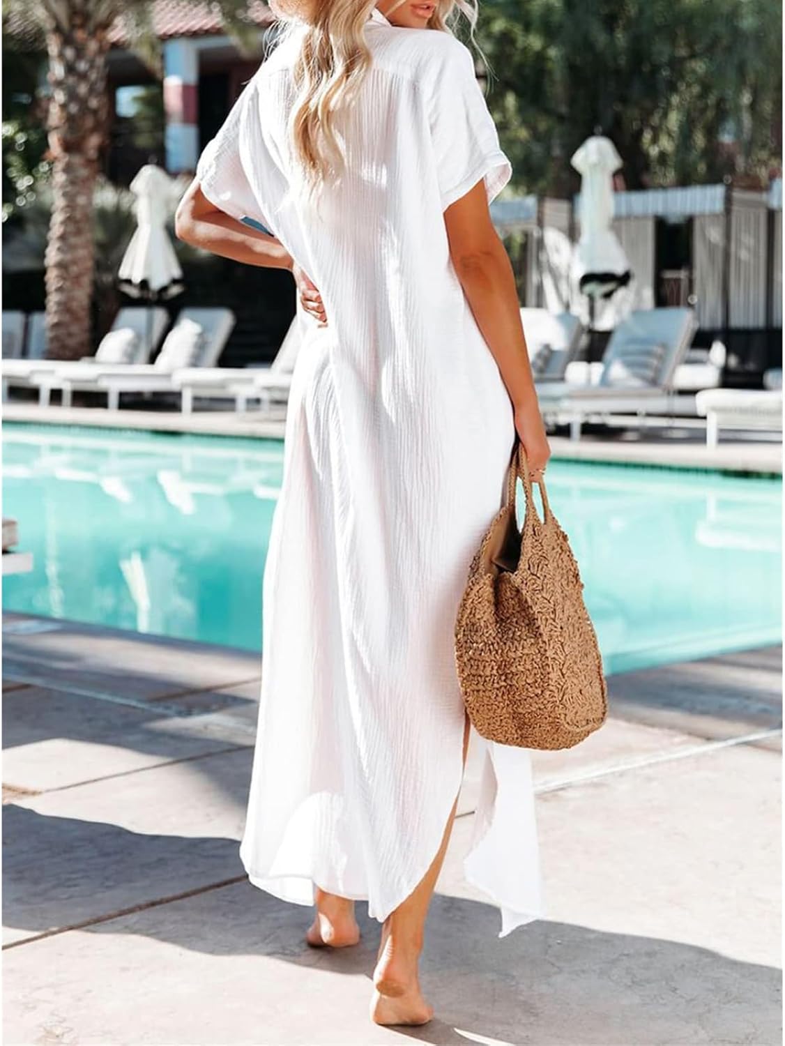 Women's Casual Short Sleeve Dresses Side Split Button Down Long Kimonos Cardigans Swimsuit Cover Ups Summer Beach Dress