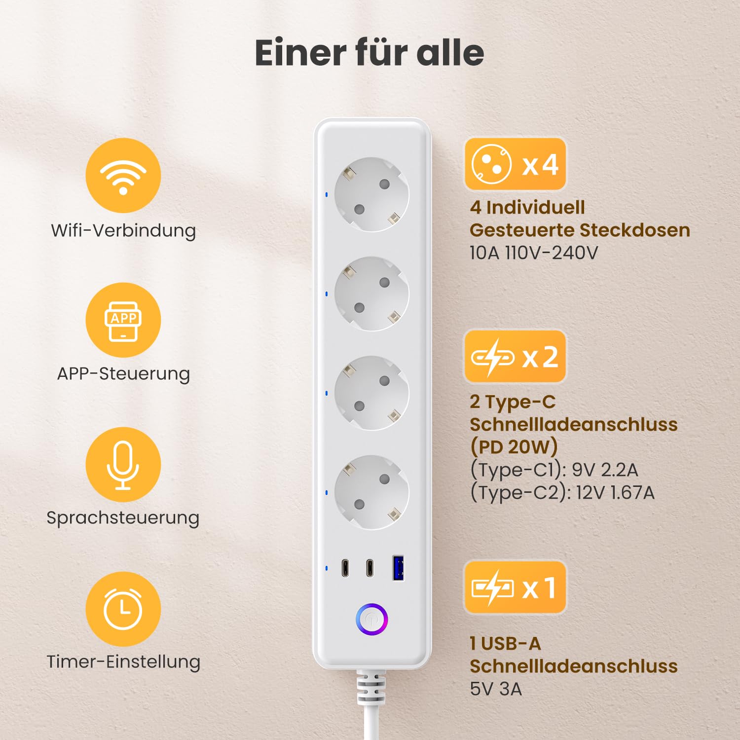 MIUCDA Smart - Multipresa con 4 prese da 10 A, 1 USB e 2 connettori tipo C, presa multipla commutabile singolarmente, compatibile con Alexa, Google Assistant, Smart Life, Tuya accesso remoto, 1,5 m
