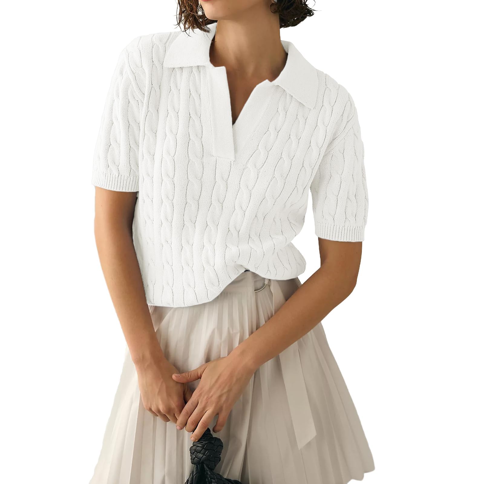 Women's Cable Short Sleeve Sweaters Summer Casual Solid Lapel V Neck Knit Pullover Tops