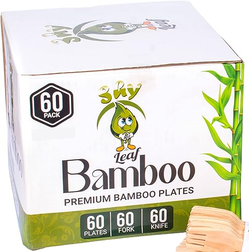 Platos desechables de bambú (60 platos) + juego de cubiertos de madera de 120 piezas, platos de hoja de palma de 6 pulgadas, platos de fiesta de