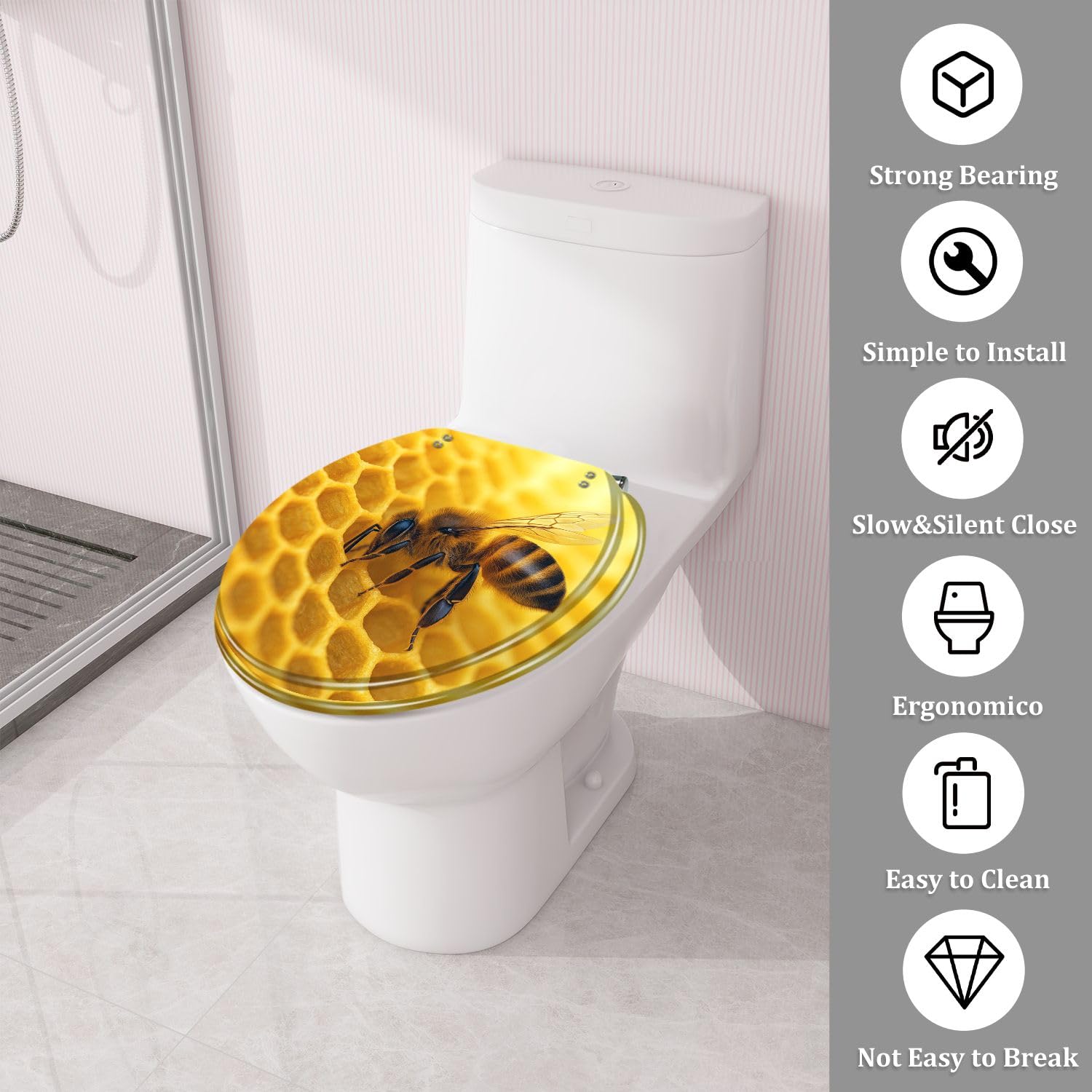 Sedile WC rotondo in resina a forma di ape, chiusura silenziosa, cerniere a sgancio rapido con paracolpi di copertura, decorativo e facile da pulire.