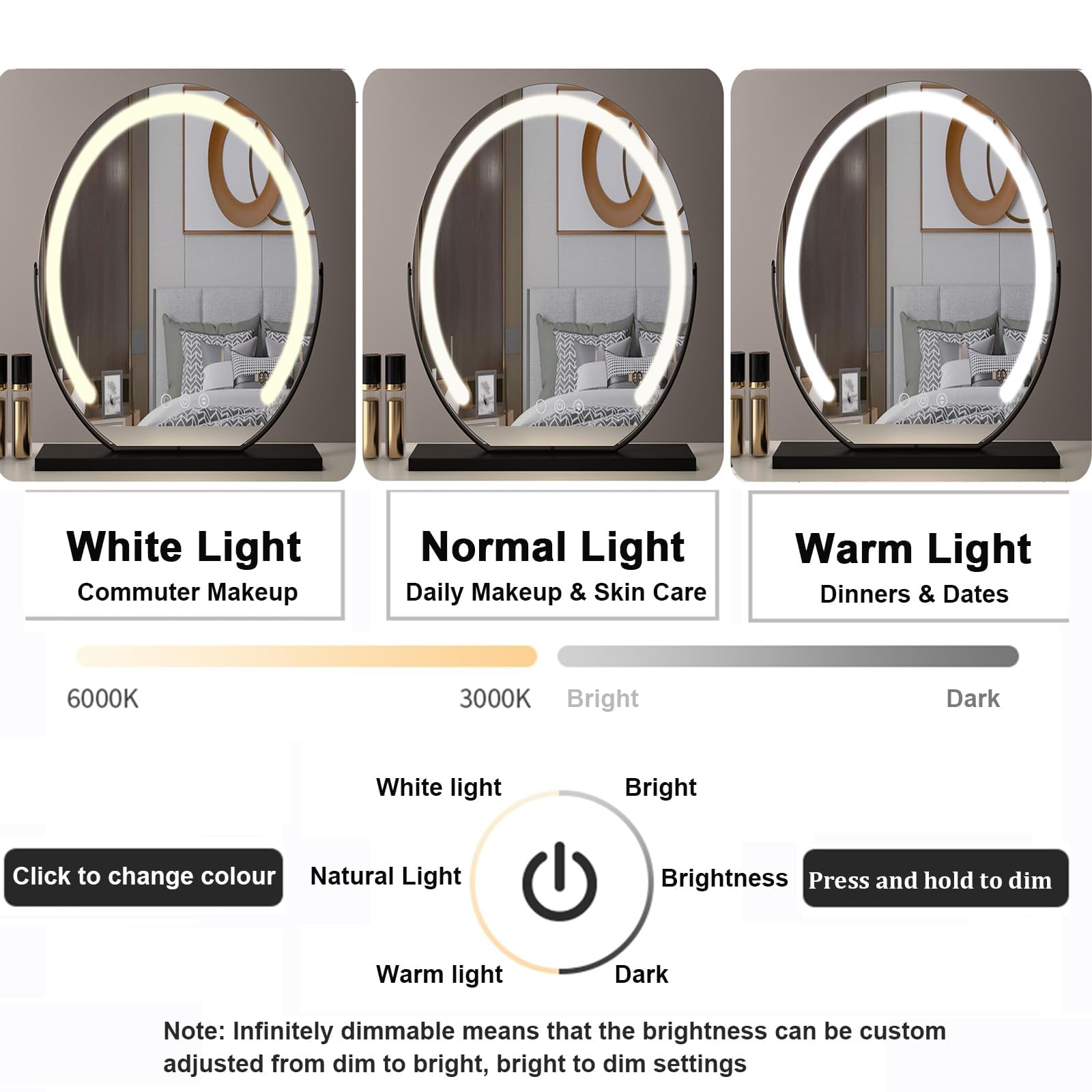 Specchio rotondo illuminato Vani da 40 cm, specchio da toeletta illuminato per camera da letto e bagno, regalo per gli amanti del Beau