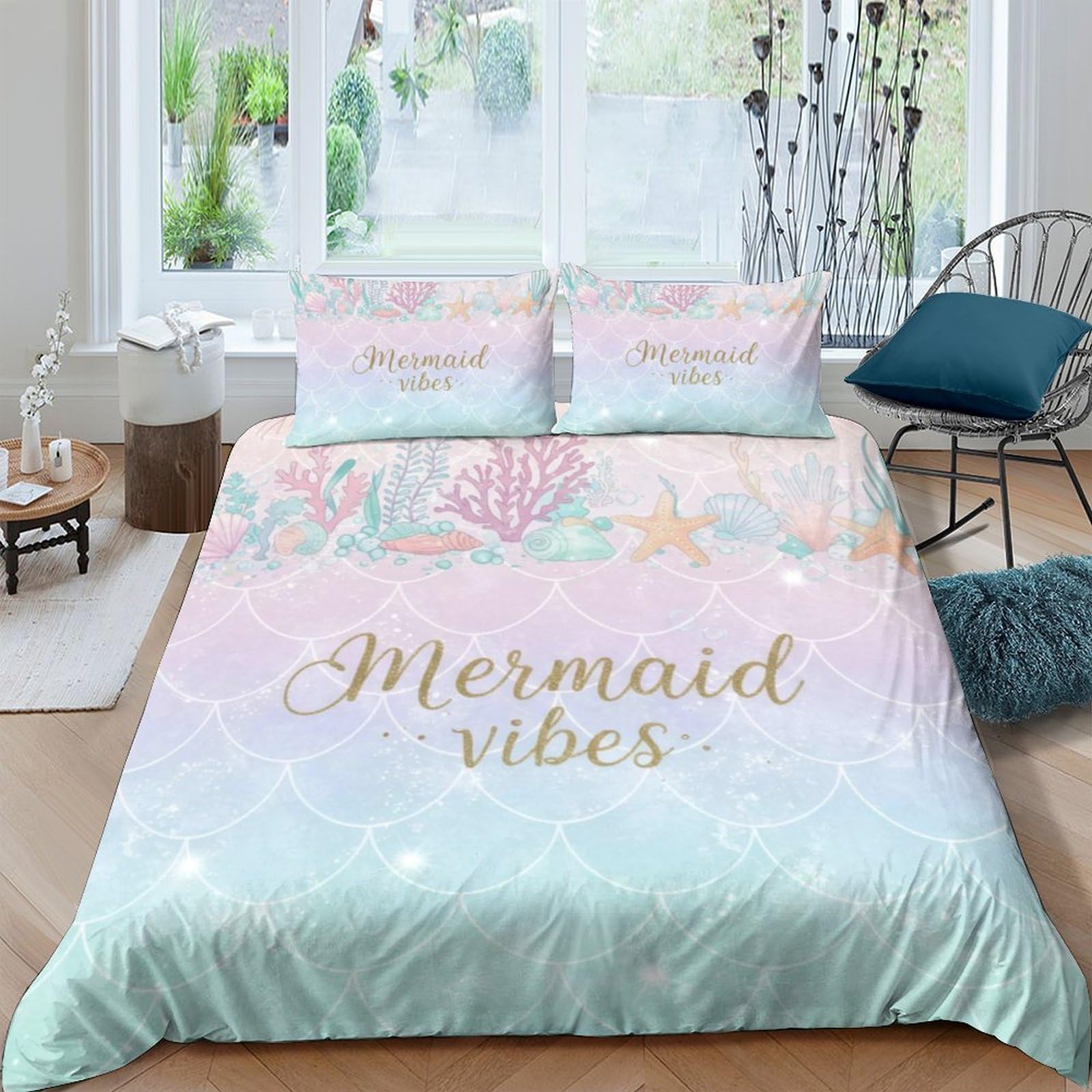 Ctjqhvkz Style-9 3D Printed Mermaid Pastel Fitted Sheet Microfiber Soft Breathable Seashell Bed Cover For Bedroom Dorm Decor Single（135X200cm）