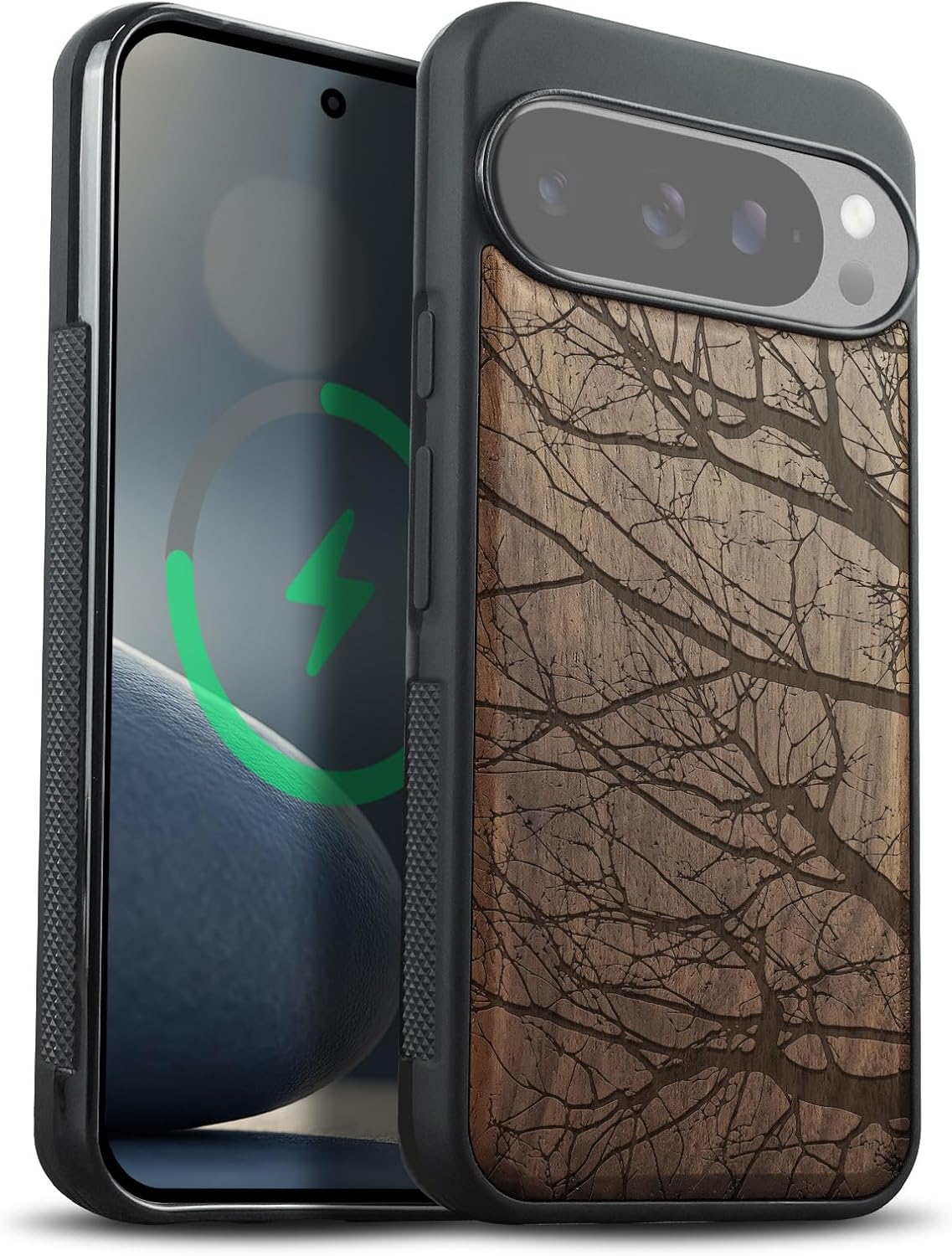 Carveit Magnetic Wooden Case for Google Pixel 10 Pro XL Case, Wood Artisan Engraved & Soft TPU Shockproof Cover, Compatible with MagSafe Wireless Chargers (Winter’s Silent Elegance) Walnut
