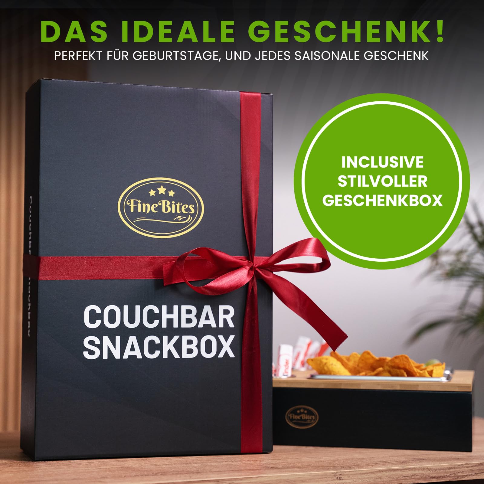 Couchbar Snackbox für 2 aus Bambus – Snackbar Sofatablett mit Getränkehalter & 2 Snackschalen – Couch butler mit magnetischem Deckel, Couch bar Organizer Tablett, Geschenk für Männer & Frauen