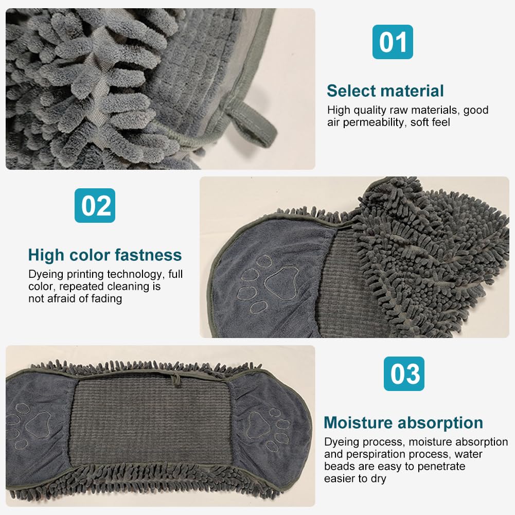 POHOVE Microfibre Noodle/Chenille Dog Towel,Super Soft Pet Towel With Hand Pockets,Microfibre Towel,Quick Drying Super Absorbent Microfibre Towel,80cm x 35cm,Grey - Image 3