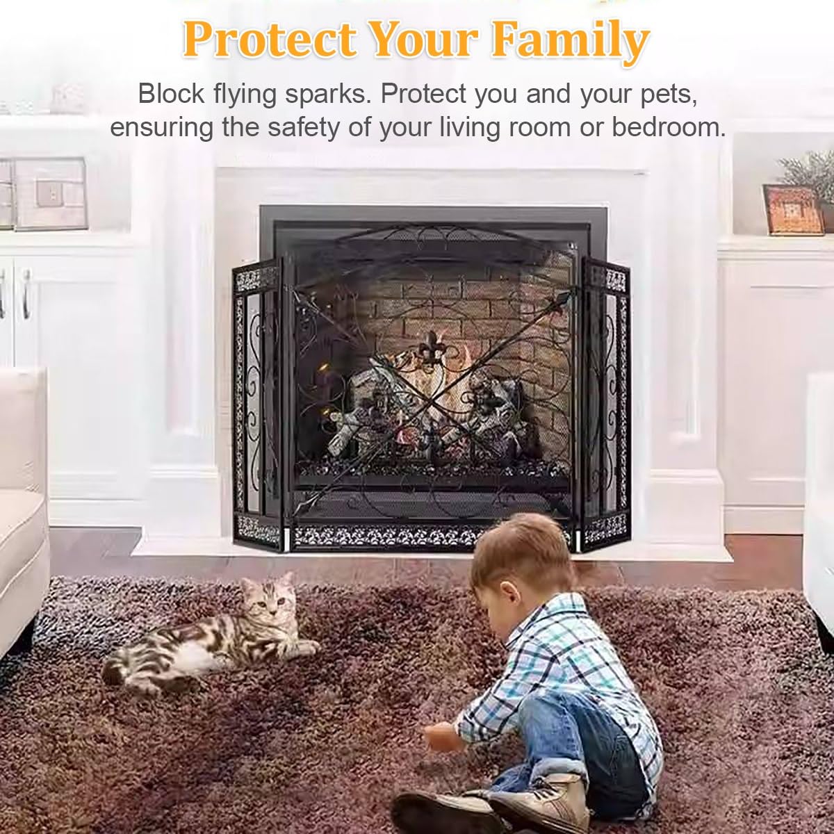 Salvachispas Chimenea 3 Paneles Autoportante De Hierro Forjado Negro - Protector Chimenea para Interior Y Fogones Exteriores. Protector Niños para Chimeneas De Leña