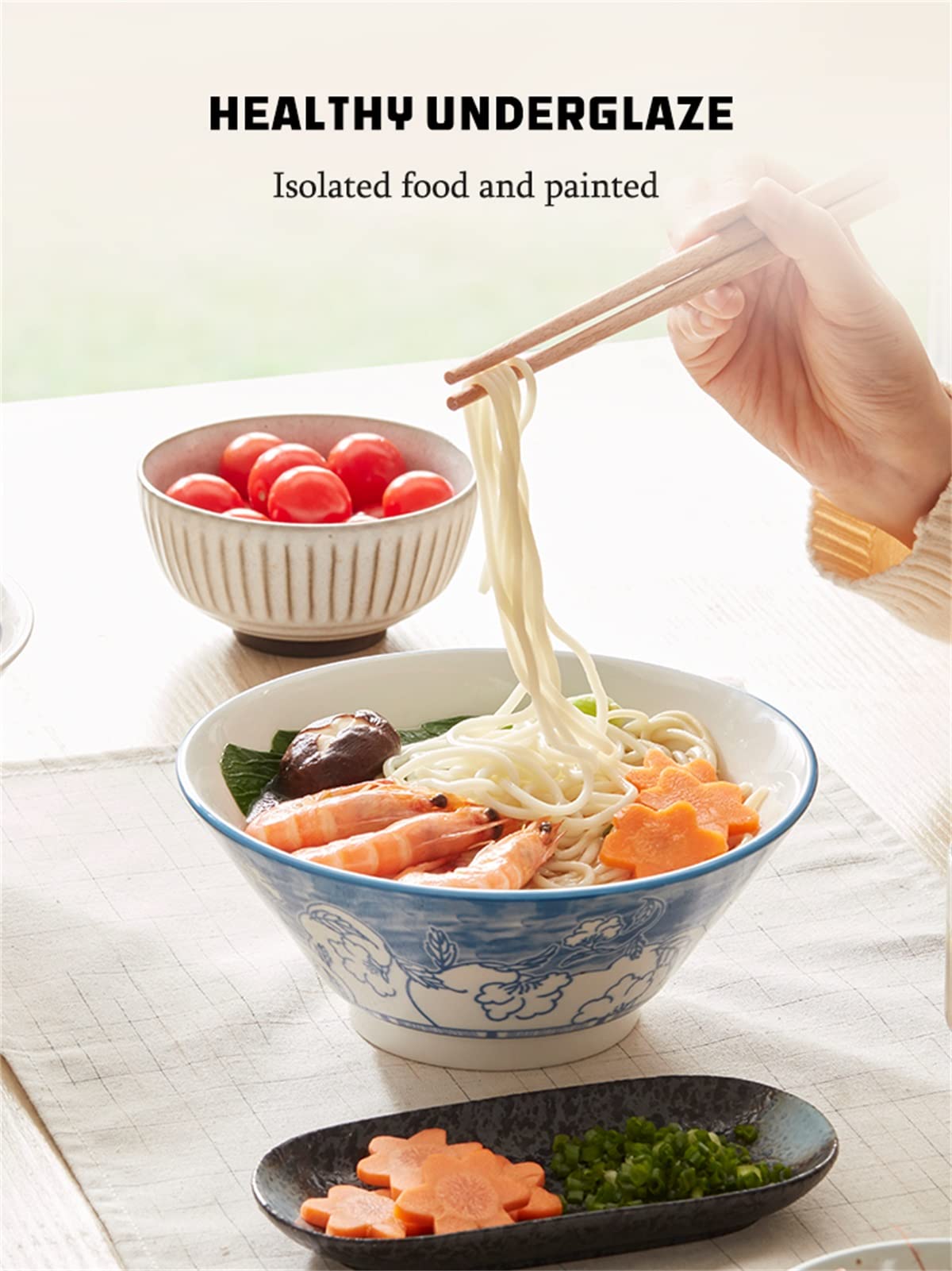 Cereal Bowls, Heightened Soup Pasta Bowls, 7.5 inch Ceramic Print Serving Bowls for Kitchen, Housewarming Gift, Large Ramen Bowl for Dessert Dinner, Microwave Safe (Color : 4Pcs)