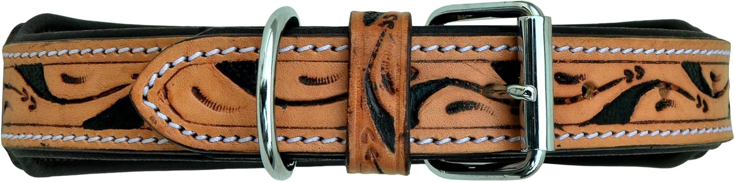 Affilare Leather Dog Collar Western Style Heavy Duty Hand Tooled Adjustable Padded Soft for Puppies and Big Dogs 10AB104-M