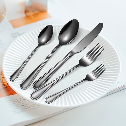 Miniatura 242 de A·HOUSEWARE - Juego de cubiertos iridiscentes con diseño hueco, 20 piezas, acero inoxidable, incluye tenedores, cucharas, cuchillos, utensilios