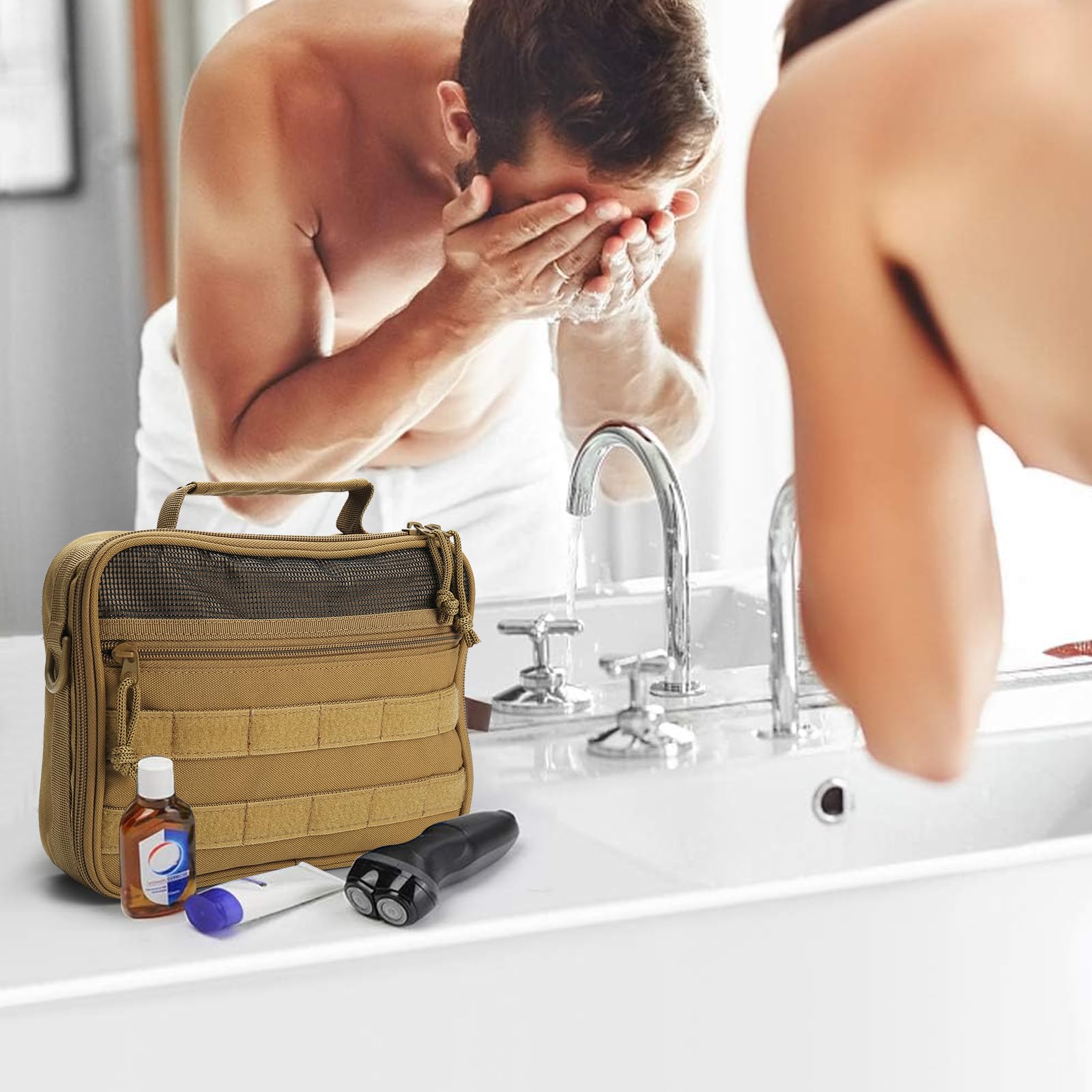 SMONT Toiletry Bag for Men Travel Toiletry Organizer Dopp Kit Travel Organizer Toiletries Travel Bag Shaving Hygiene Bag Bathroom Hanging Men's Toiletry Bag for Short Trips Brown