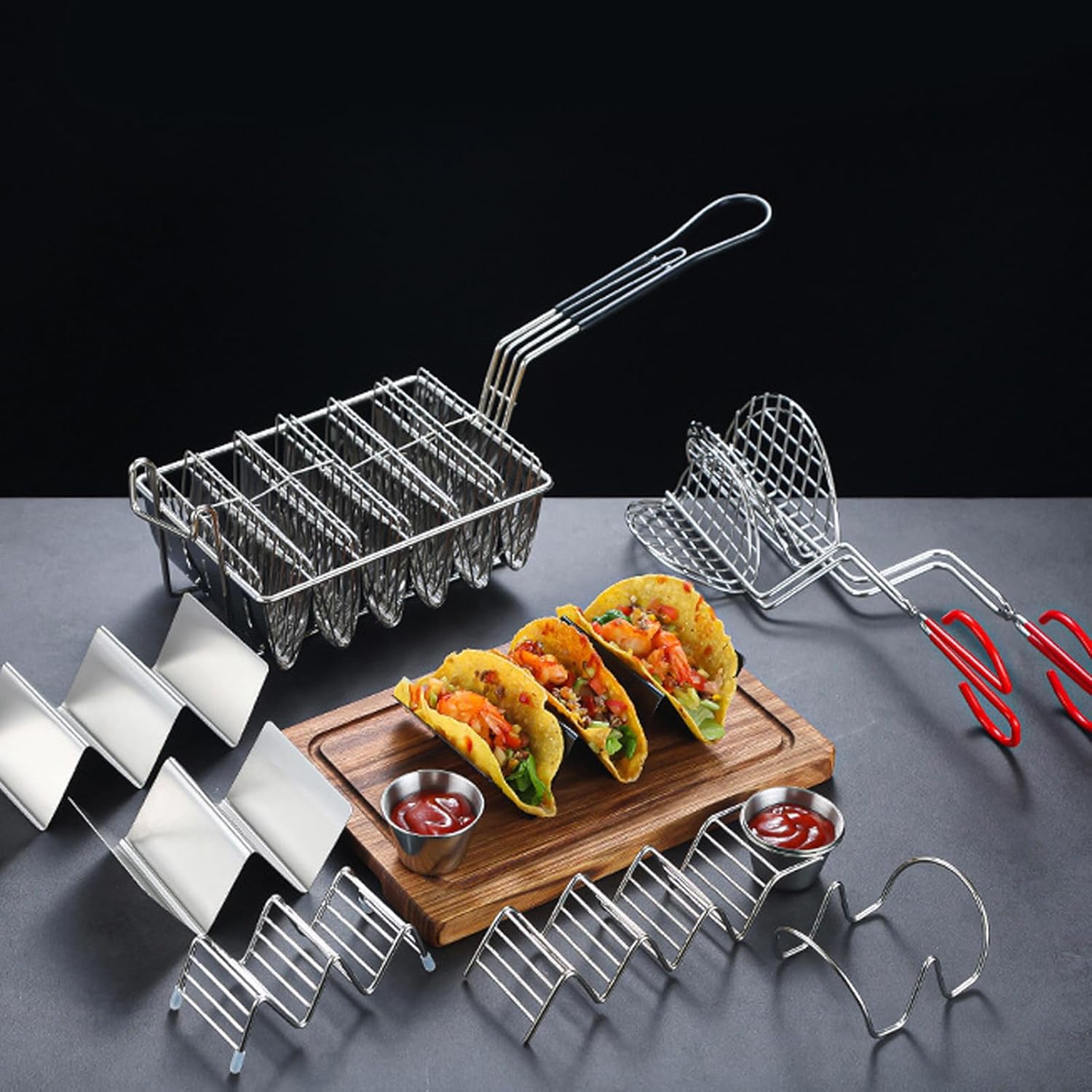8 Shells Taco Fryer Basket, Stainless Steel Hard Shell Maker Taco Holder Basket, Dishwasher, for Professional Home Kitchen Use