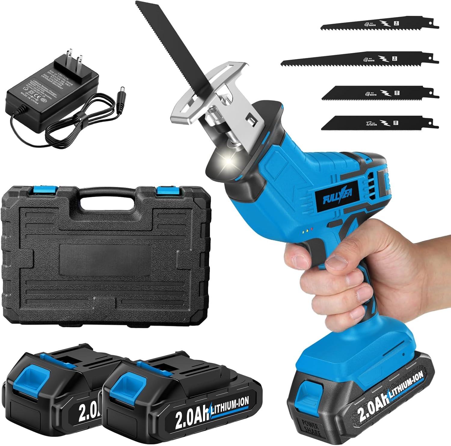 FULLYEA Cordless Reciprocating Saw 3500 RPM with 2 Batteries, 4 Blades, Tool-Free Change - Lightweight for Wood, Metal, PVC Cutting
