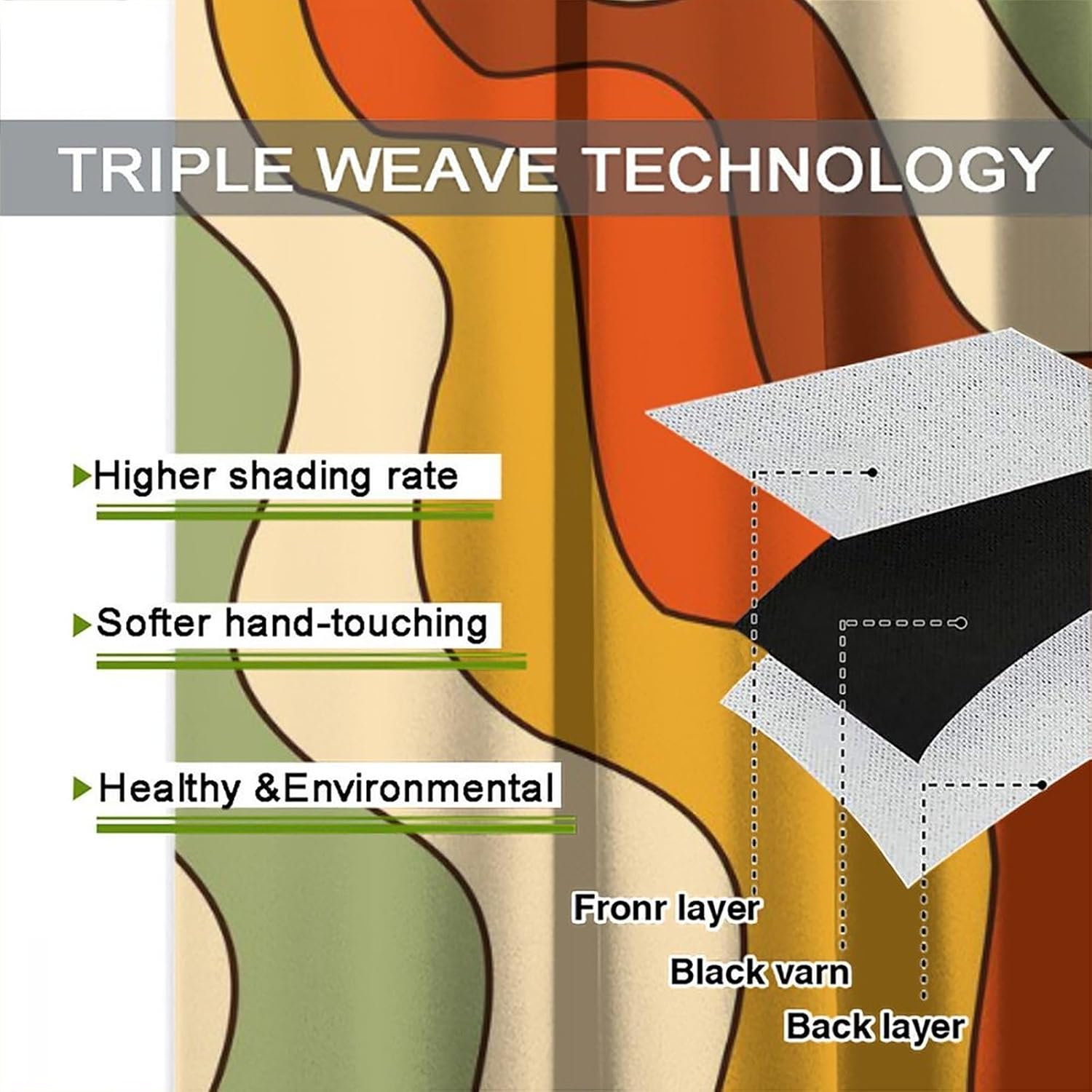 Vintage Groovy Sun Curtains, Abstract 70s Boho Aesthetic Rainbow Hippie Mid Century Colorful Funky Wave Orange Yellow Blackout Rod Pocket Window Treatments Drapes for Bedroom Living Room 52x84in