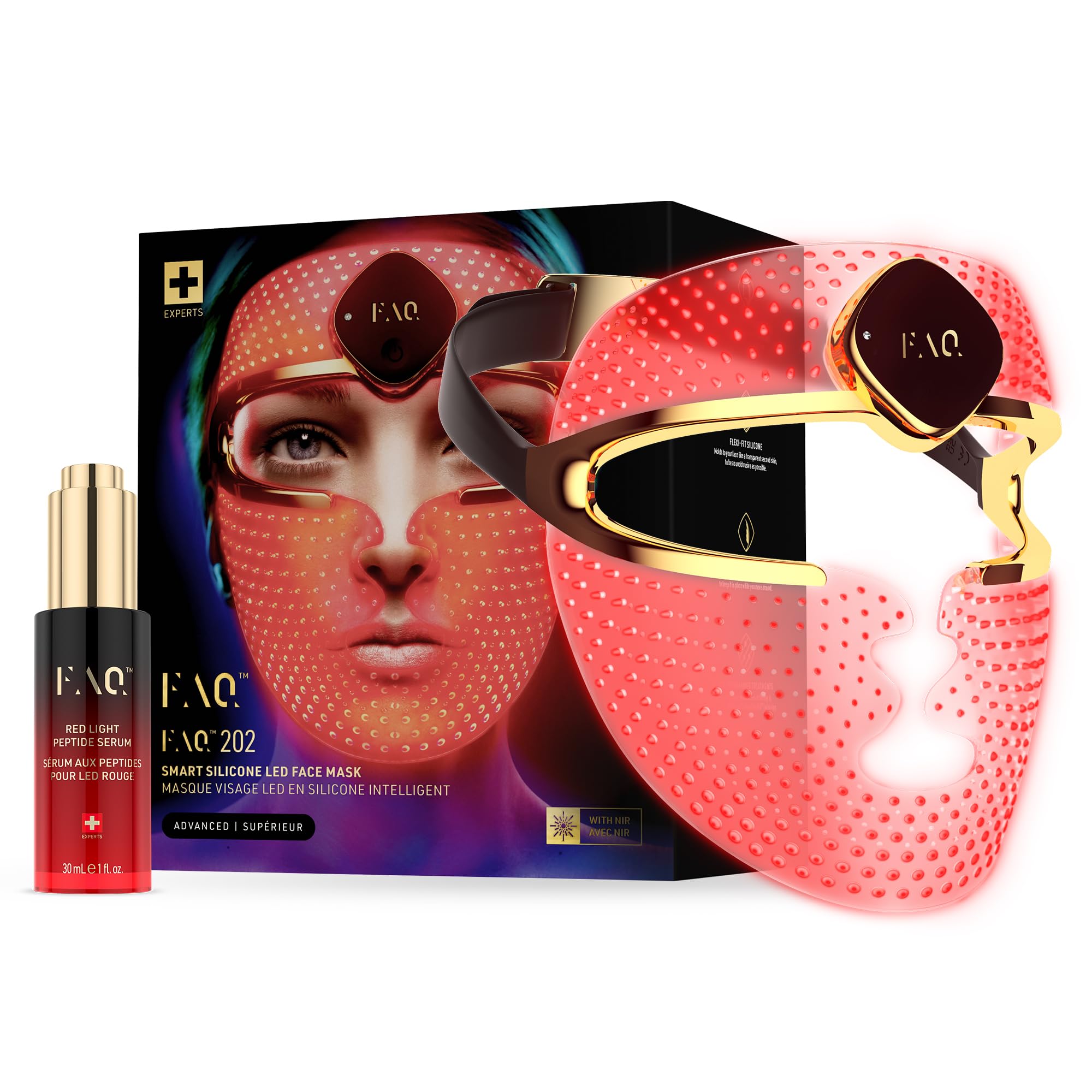 FAQ 202 Maschera LED Viso 8 Colori + Red Light Peptide Siero viso – Maschera wireless con 600 punti luce per cura facial illuminante e effetto rassodante per una pelle luminosa