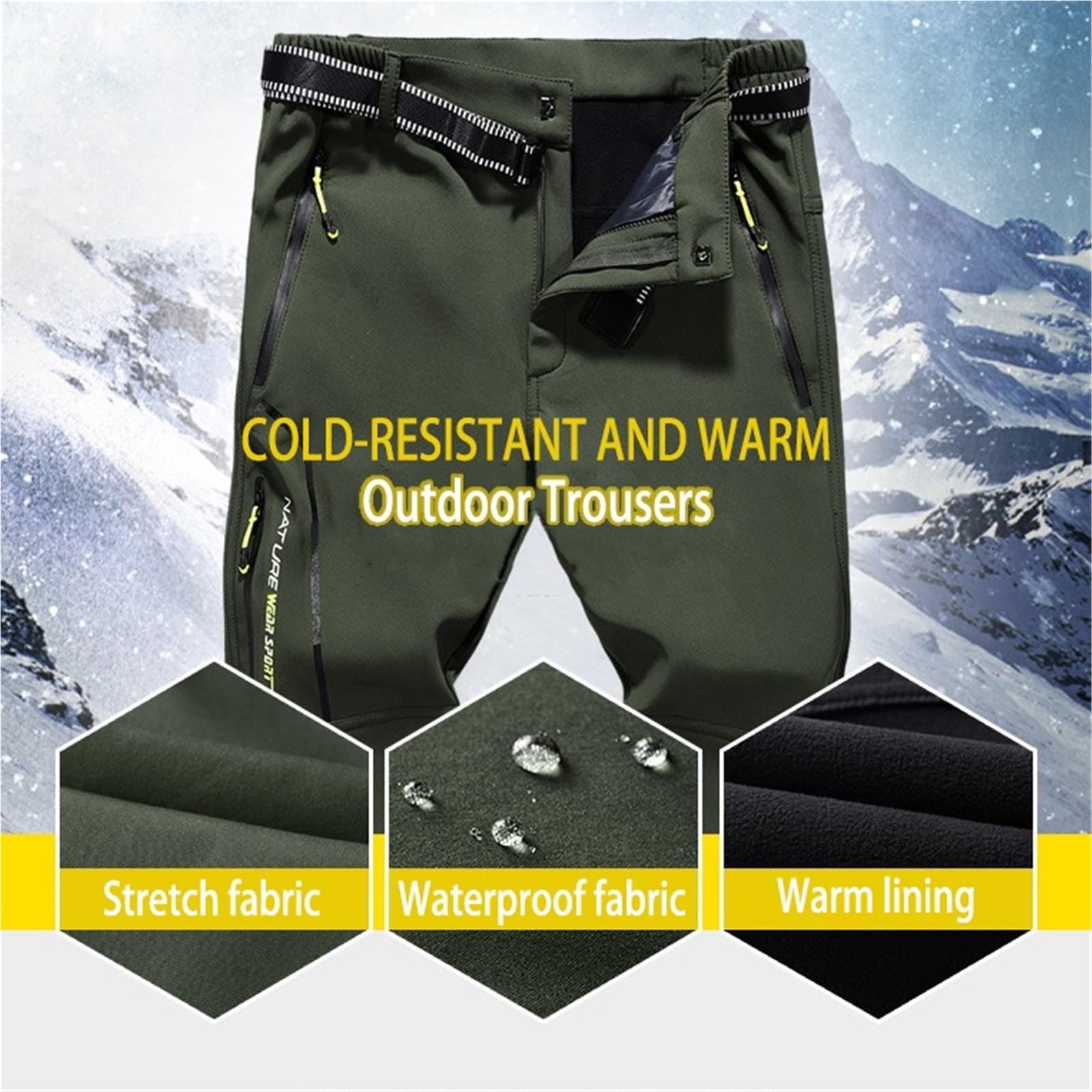 Herren Winterhose, Gefütterte wasserdichte Fleecehose, Warme Softshellhose, wasserdichte Wanderhose for Den Außenbereich Mit Reißverschlusstaschen(Green,4XL)