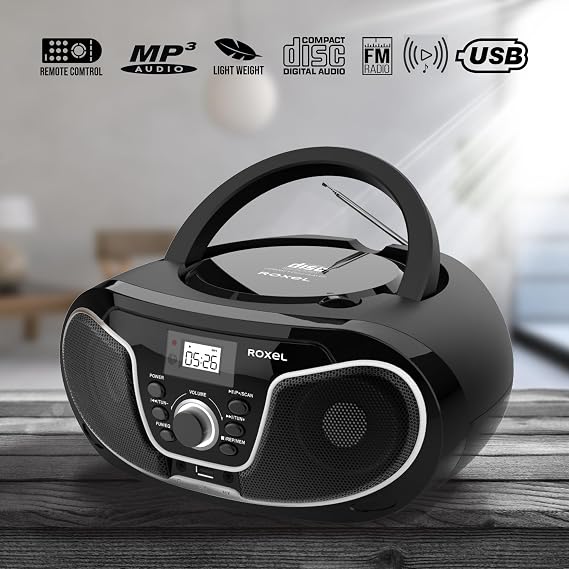 Roxel RCD-S70BT Portable Boombox CD Player with Remote Control, FM Radio, USB MP3 Playback, 3.5mm AUX Input, Headphone Jack, LED Display Wireless Music Streaming(Black)