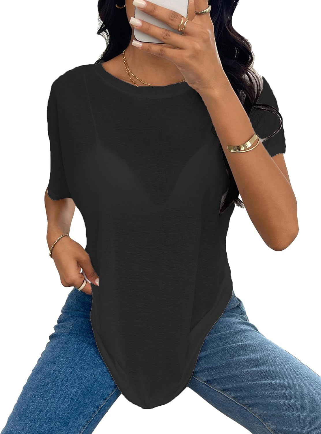 Sheer Tops for Women See Through Oversized T Shirts, Short Sleeve Casual Summer Blouse - Image 2