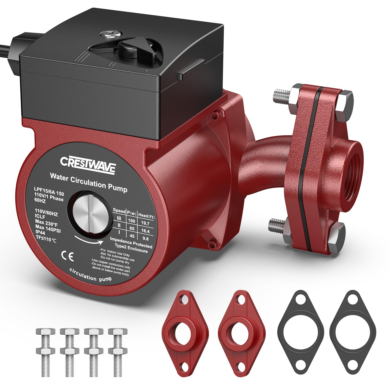 CrestWave - Pompa di circolazione da 110 V, colore rosso, 3 velocità commutabile con flange FNPT da 3/4 pollici per caldaia