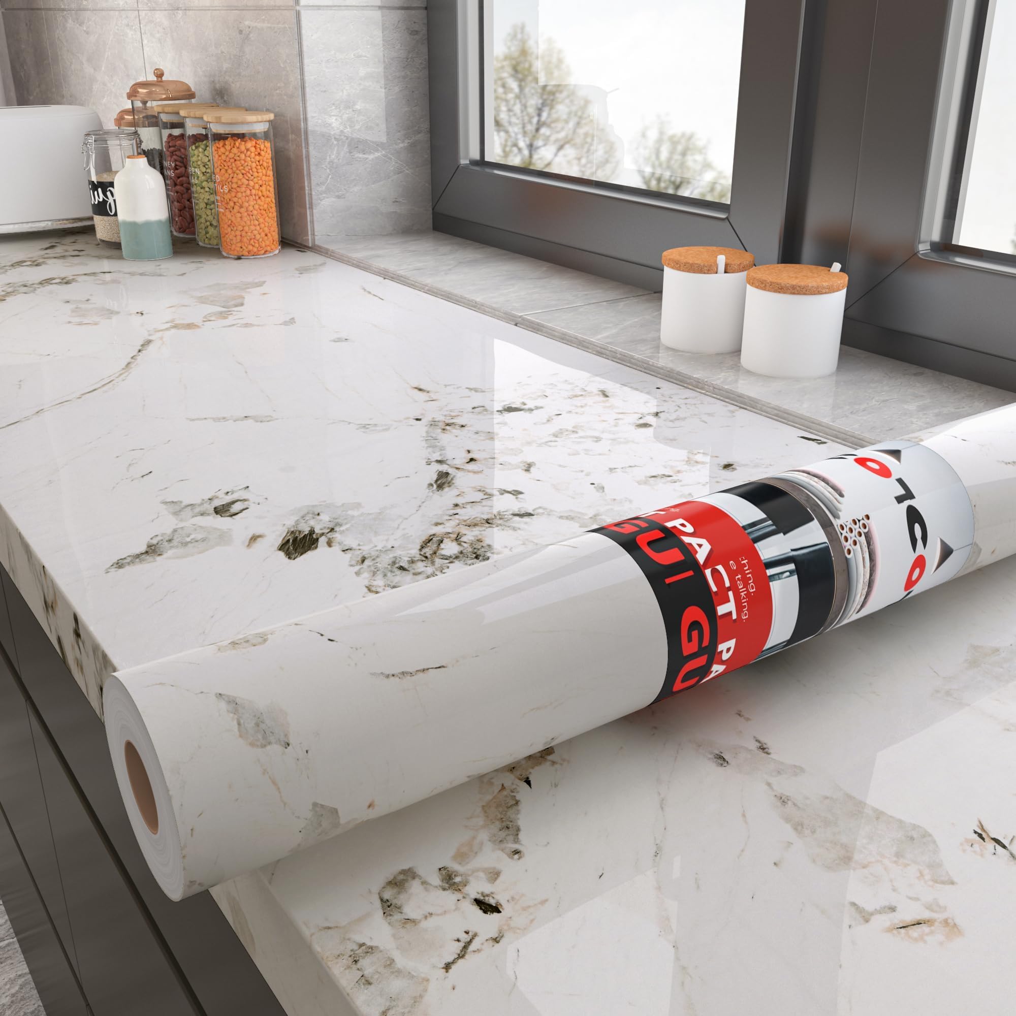 Decotalk Pellicola Adesiva Per Mobili Effetto Marmo Bianco 90X500cm Carta da Parati Cucina Impermeabile Pellicola Adesive Per Mobili Armadio Carta Adesiva Marmo Rivestimento Parete Camera da Letto